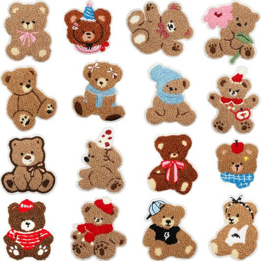 16pcs Iron-On Chenille Patch Set | Cute Teddy Bear Designs with Hats, Scarves, Bows & Seasonal Outfits