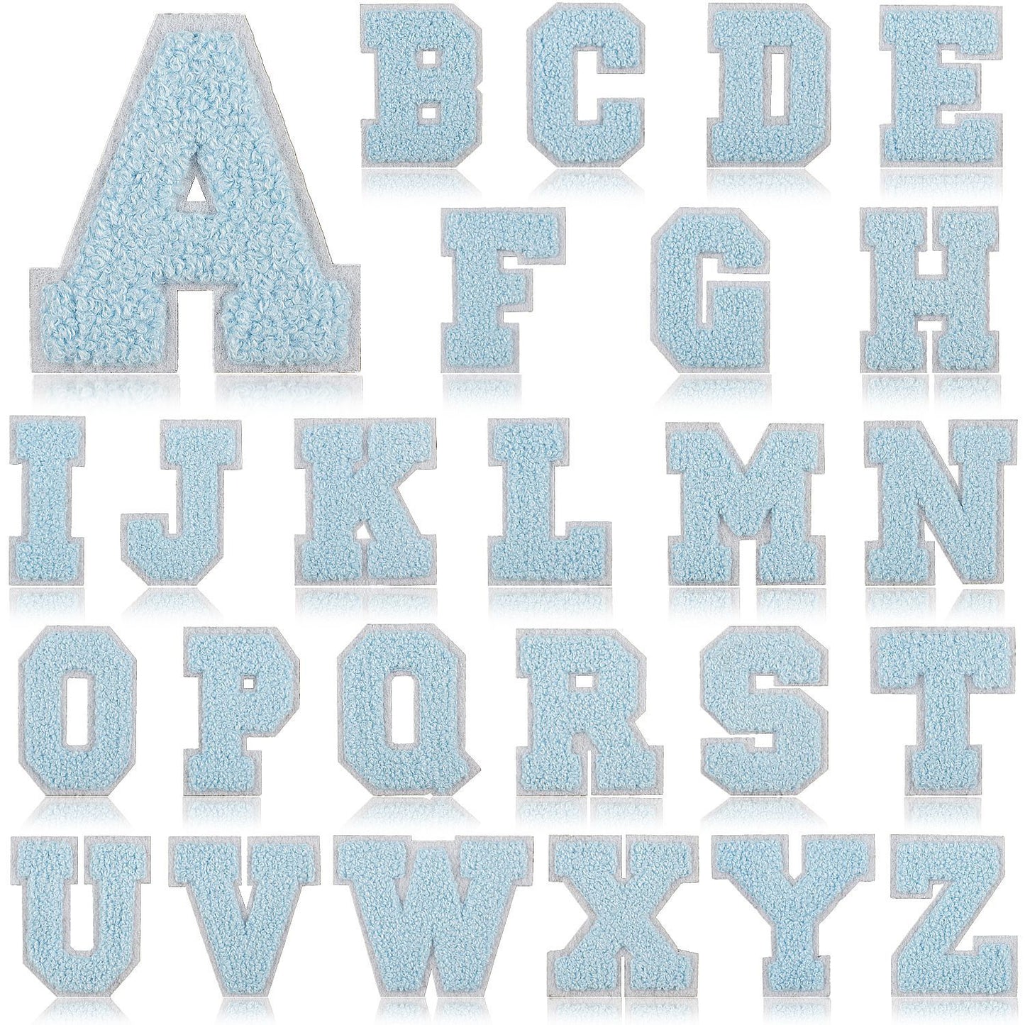 Iron-On Chenille Letter Patch – 7cm Tall, White Base with Light Blue Letter