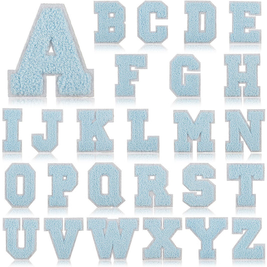 Iron-On Chenille Letter Patch – 7cm Tall, White Base with Light Blue Letter