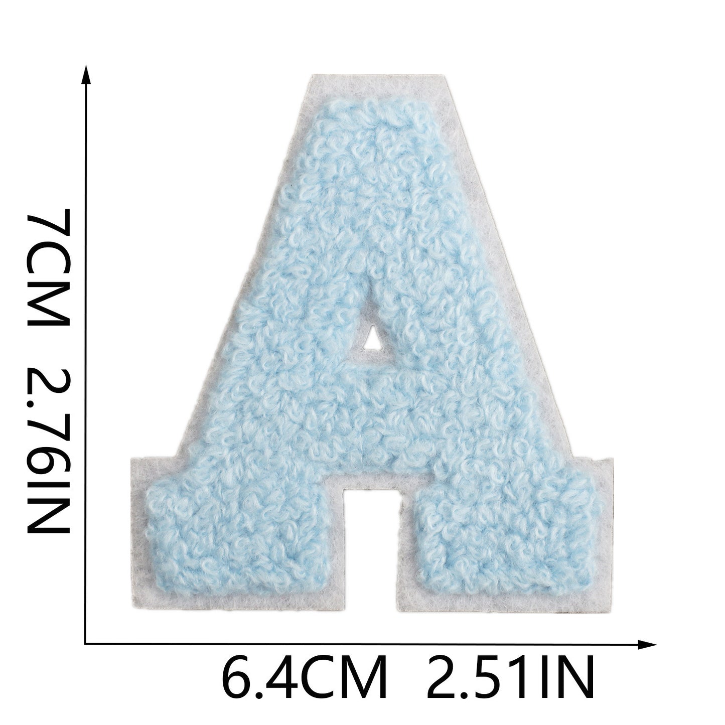 Iron-On Chenille Letter Patch – 7cm Tall, White Base with Light Blue Letter