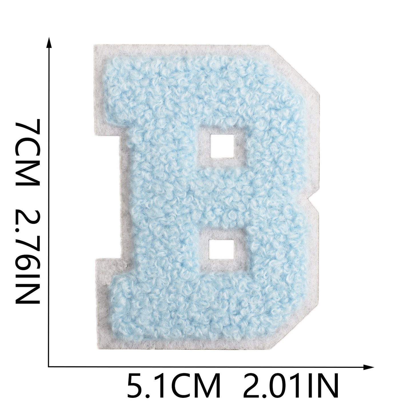 Iron-On Chenille Letter Patch – 7cm Tall, White Base with Light Blue Letter