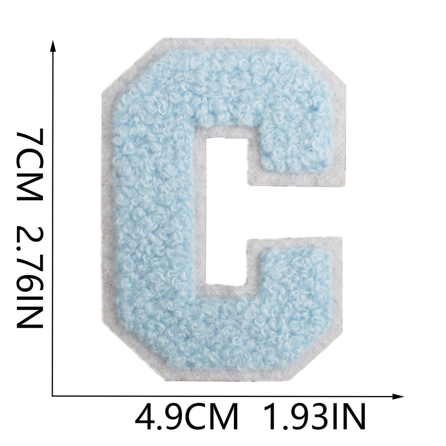 Iron-On Chenille Letter Patch – 7cm Tall, White Base with Light Blue Letter