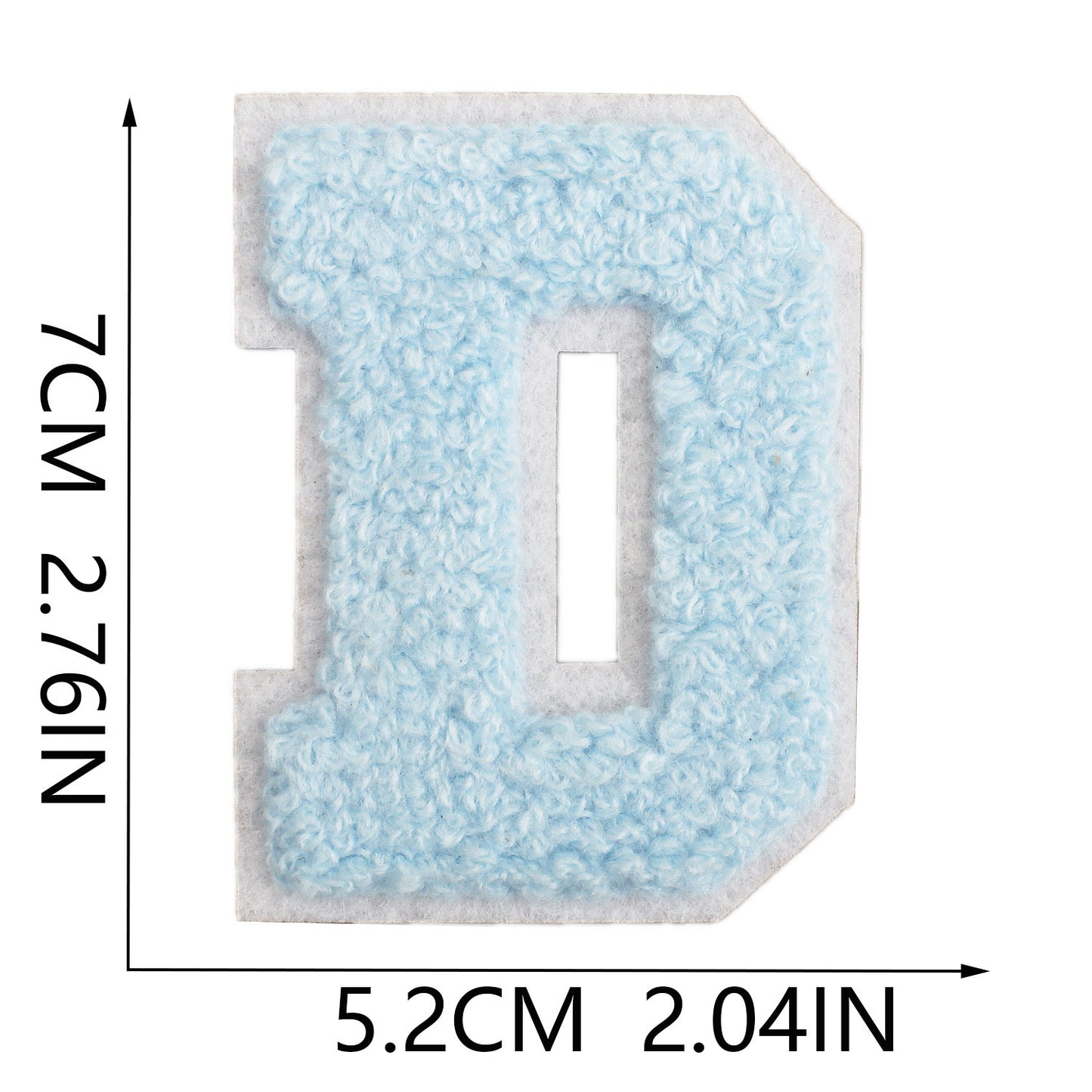 Iron-On Chenille Letter Patch – 7cm Tall, White Base with Light Blue Letter
