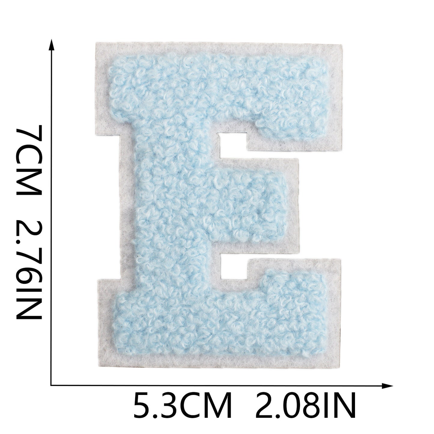 Iron-On Chenille Letter Patch – 7cm Tall, White Base with Light Blue Letter