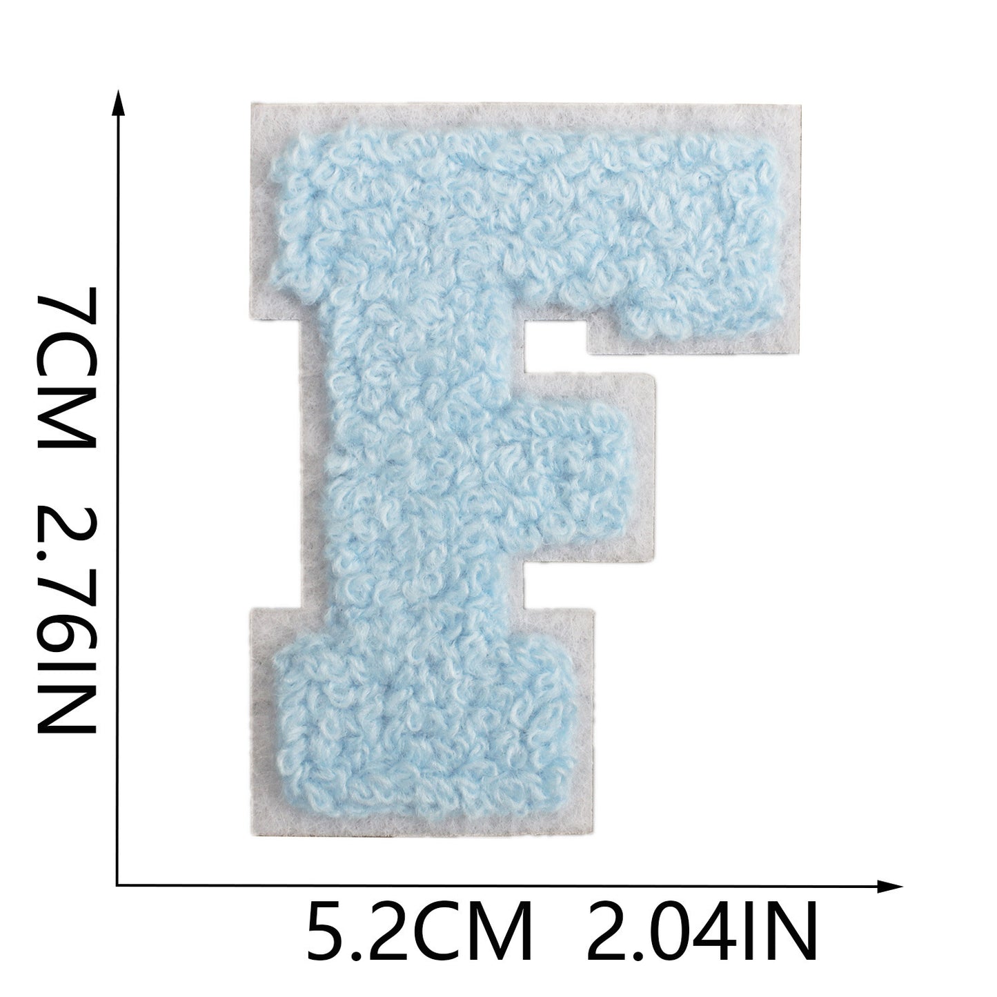 Iron-On Chenille Letter Patch – 7cm Tall, White Base with Light Blue Letter