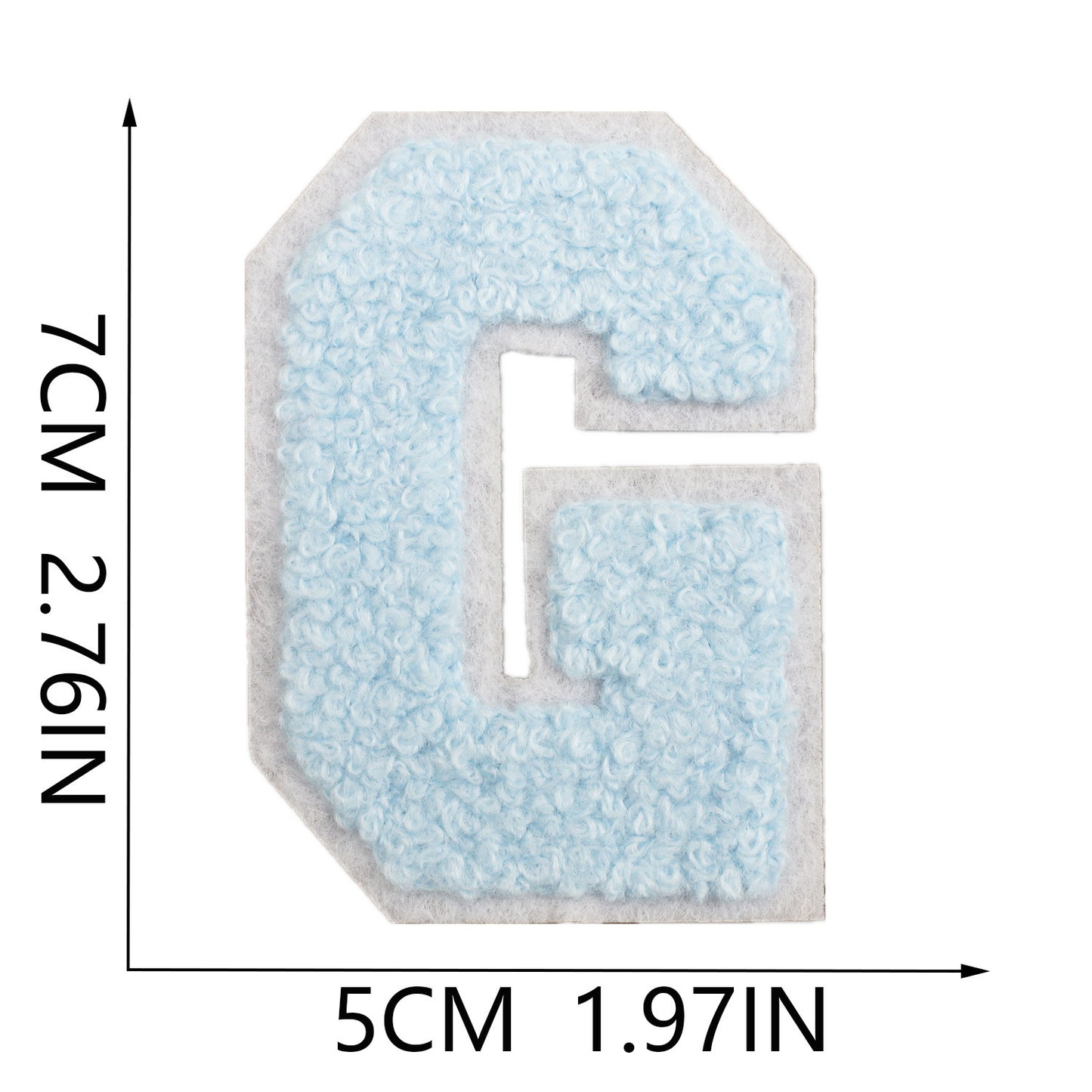 Iron-On Chenille Letter Patch – 7cm Tall, White Base with Light Blue Letter