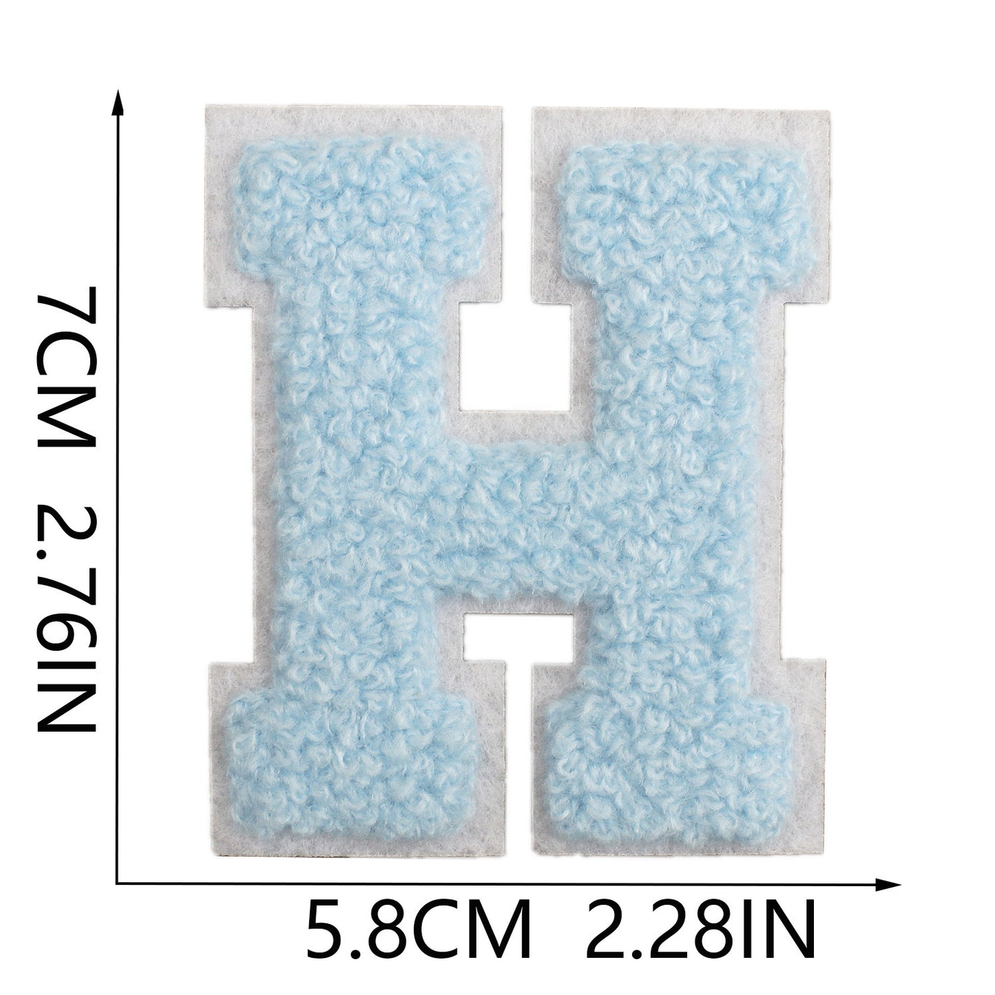Iron-On Chenille Letter Patch – 7cm Tall, White Base with Light Blue Letter