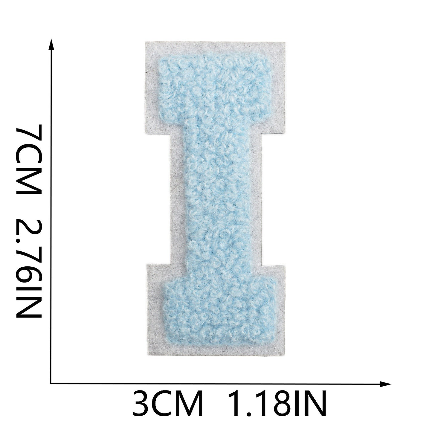 Iron-On Chenille Letter Patch – 7cm Tall, White Base with Light Blue Letter