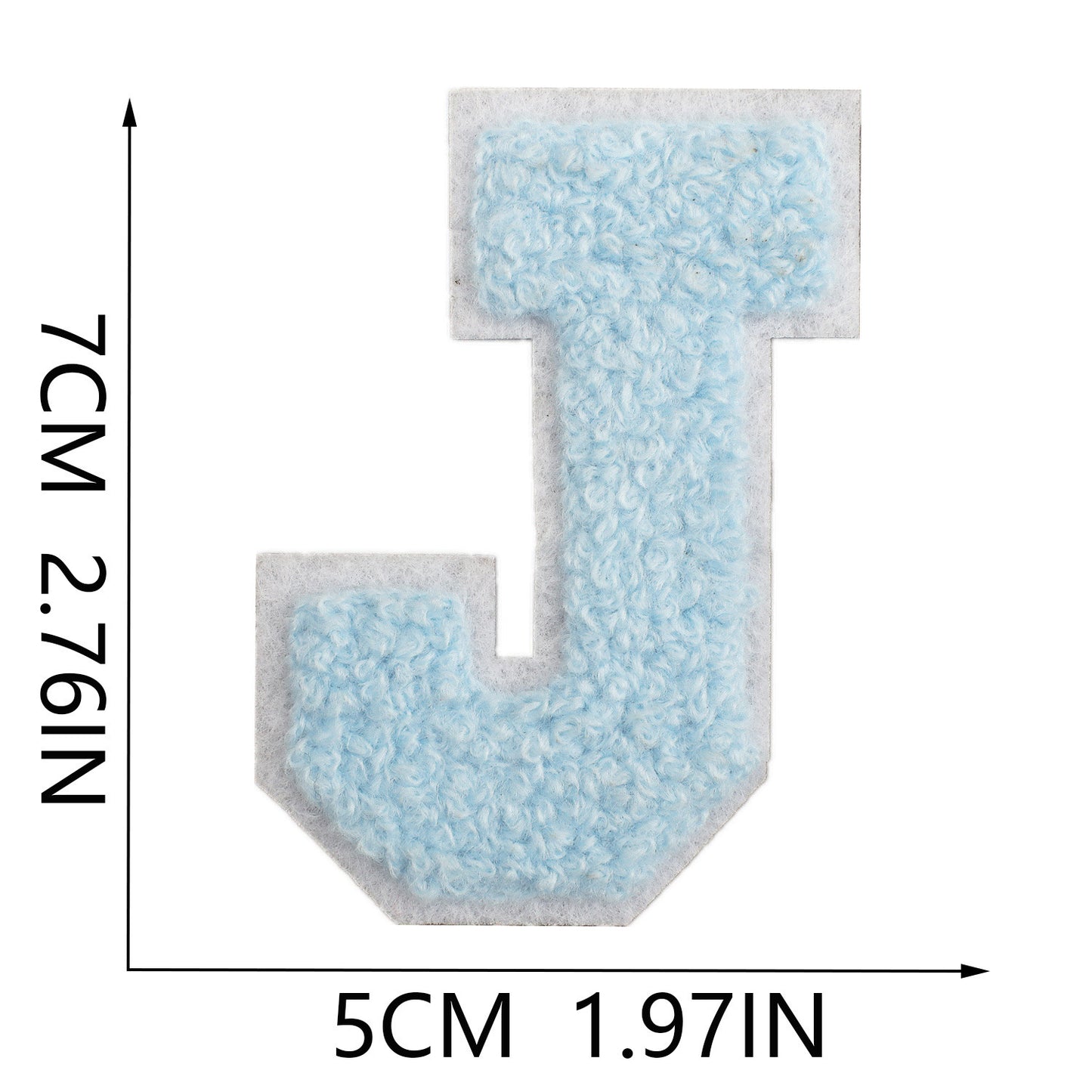 Iron-On Chenille Letter Patch – 7cm Tall, White Base with Light Blue Letter