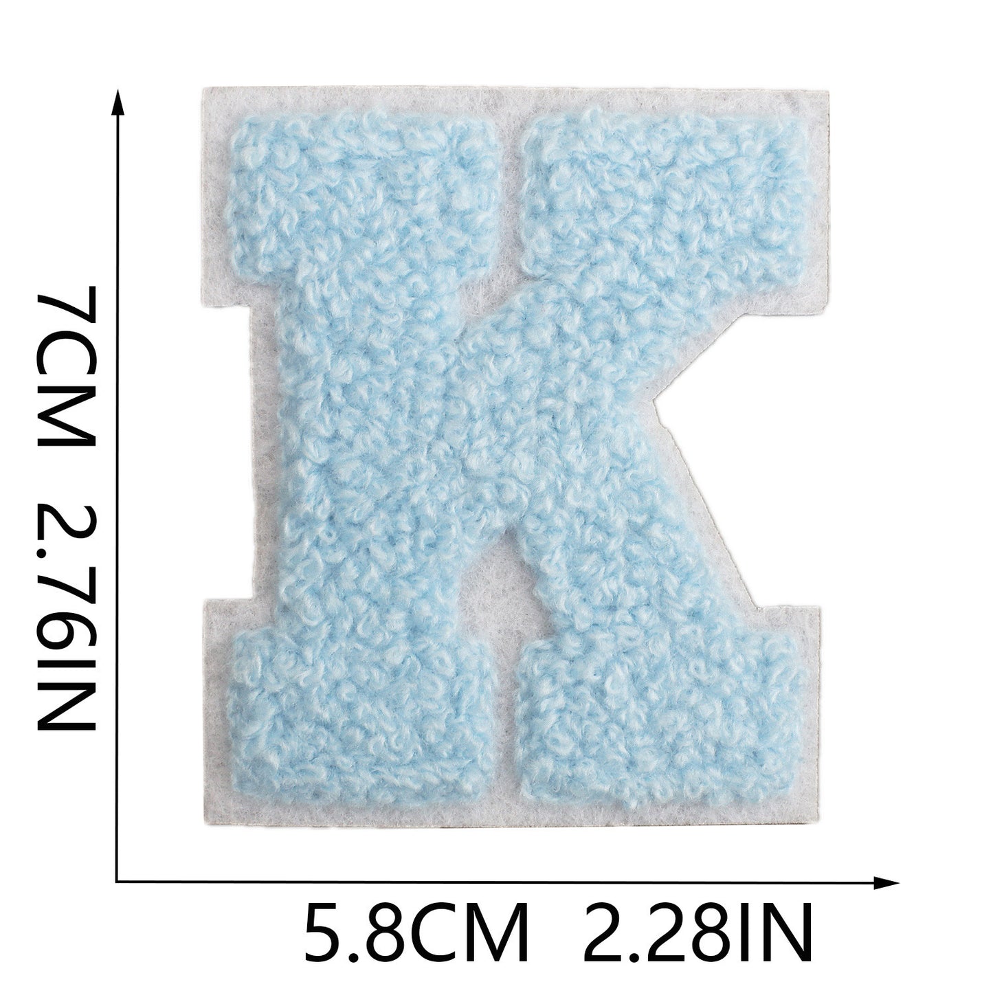 Iron-On Chenille Letter Patch – 7cm Tall, White Base with Light Blue Letter