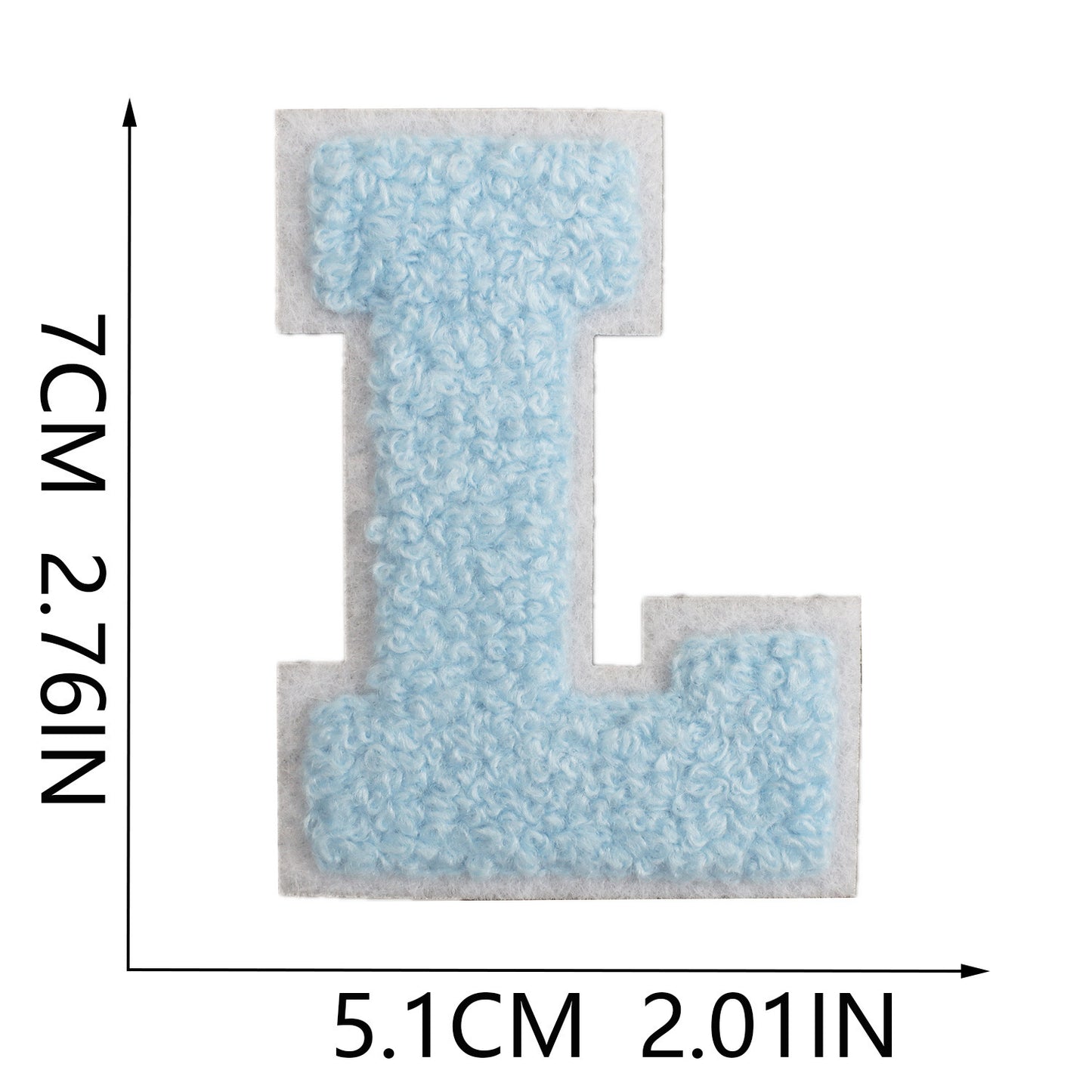 Iron-On Chenille Letter Patch – 7cm Tall, White Base with Light Blue Letter