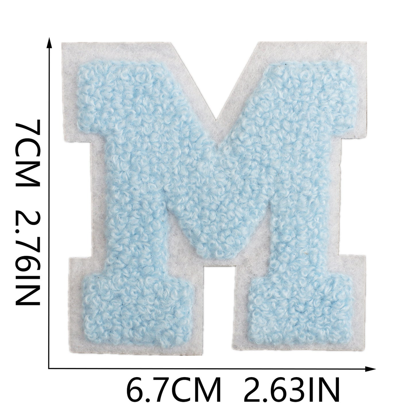 Iron-On Chenille Letter Patch – 7cm Tall, White Base with Light Blue Letter