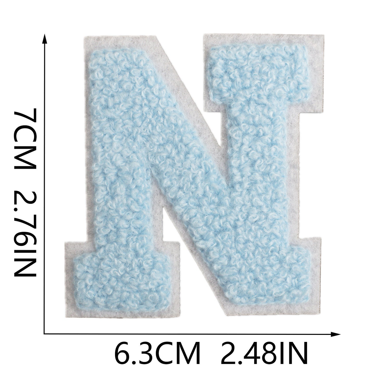 Iron-On Chenille Letter Patch – 7cm Tall, White Base with Light Blue Letter