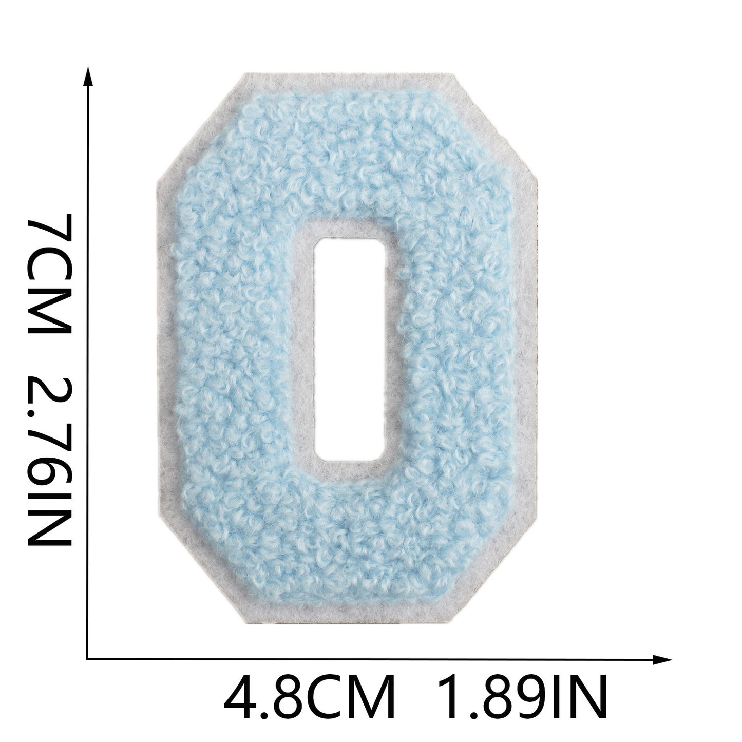Iron-On Chenille Letter Patch – 7cm Tall, White Base with Light Blue Letter