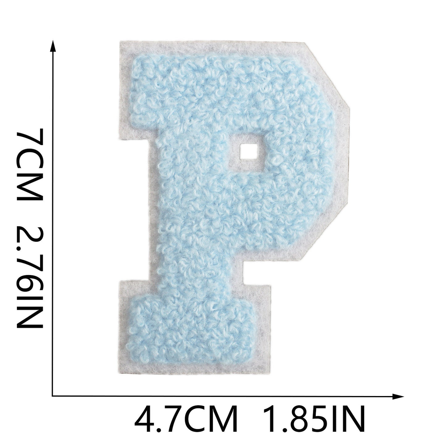 Iron-On Chenille Letter Patch – 7cm Tall, White Base with Light Blue Letter