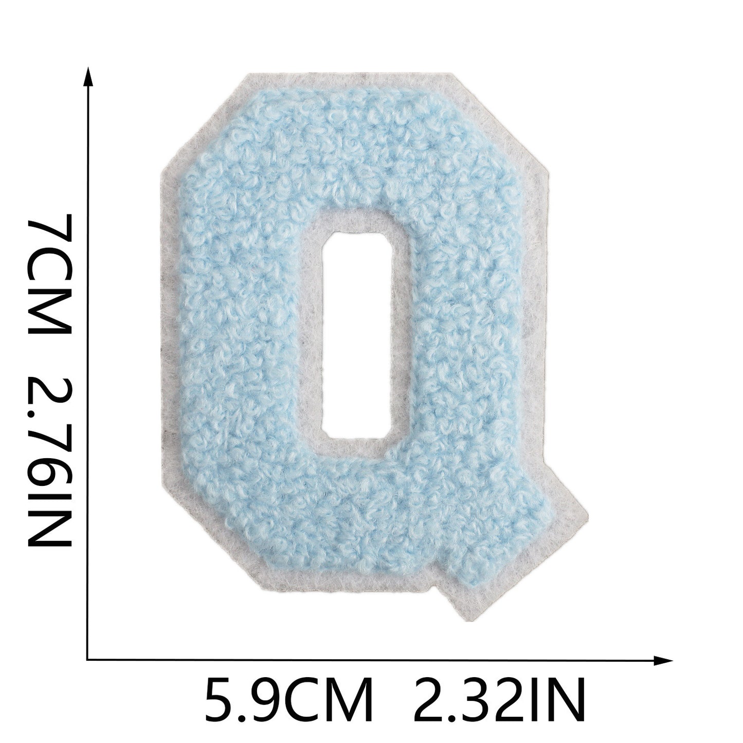 Iron-On Chenille Letter Patch – 7cm Tall, White Base with Light Blue Letter