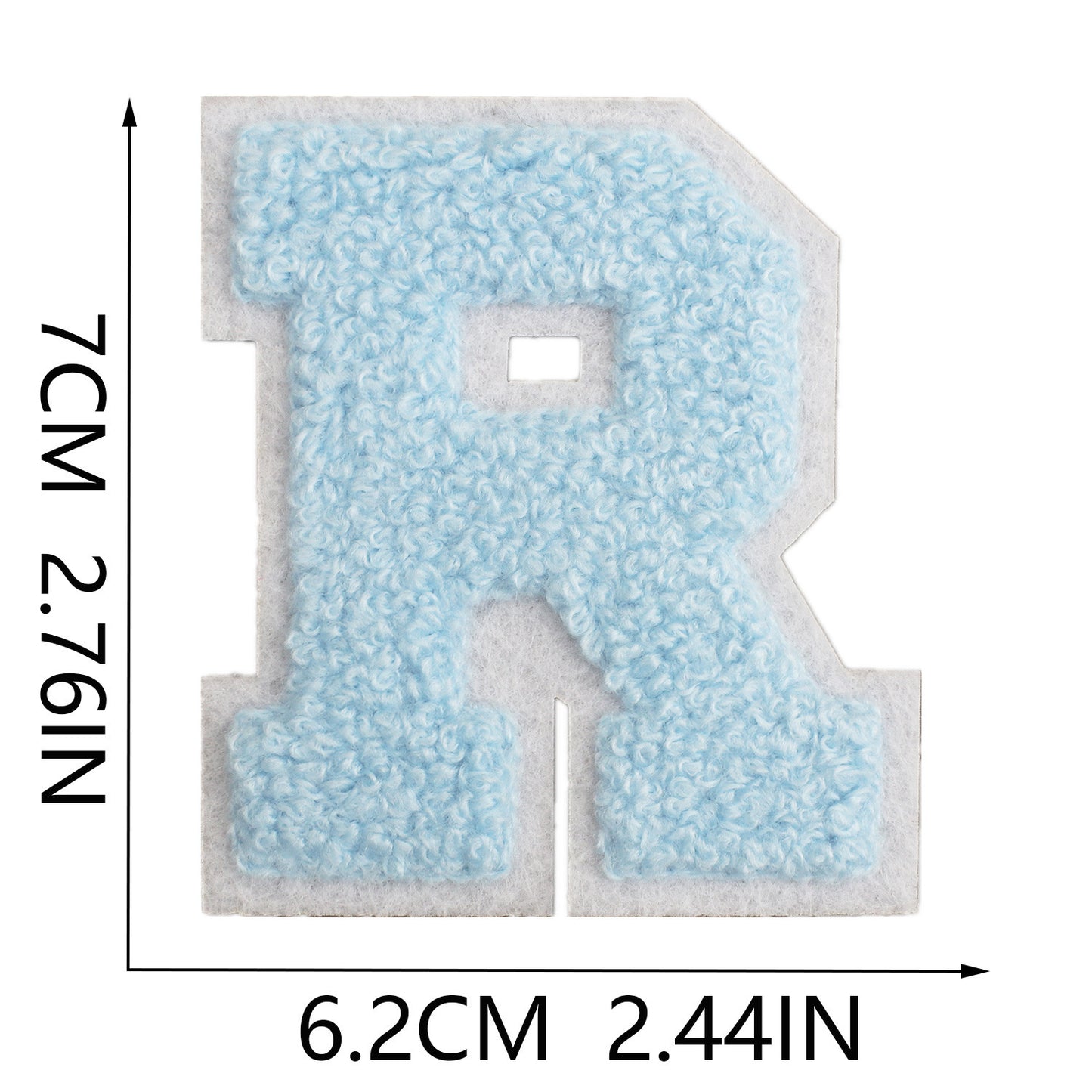 Iron-On Chenille Letter Patch – 7cm Tall, White Base with Light Blue Letter