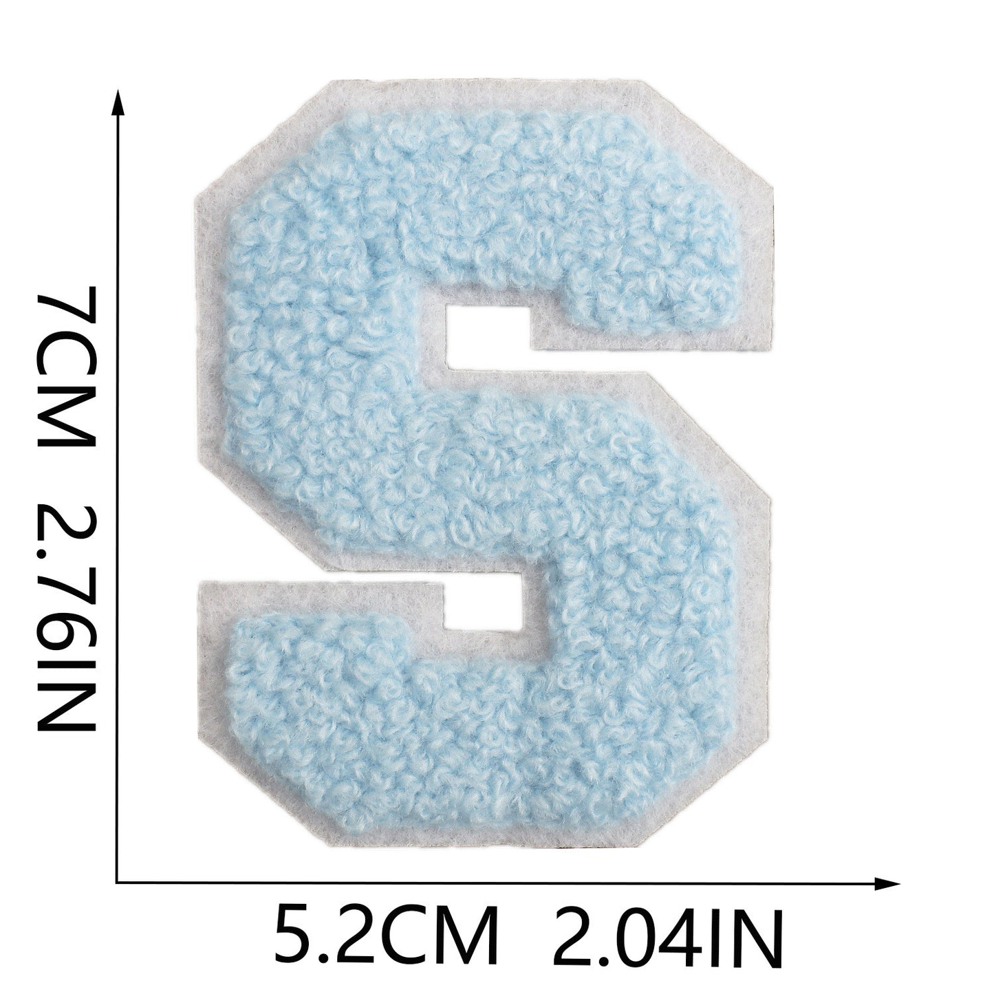 Iron-On Chenille Letter Patch – 7cm Tall, White Base with Light Blue Letter