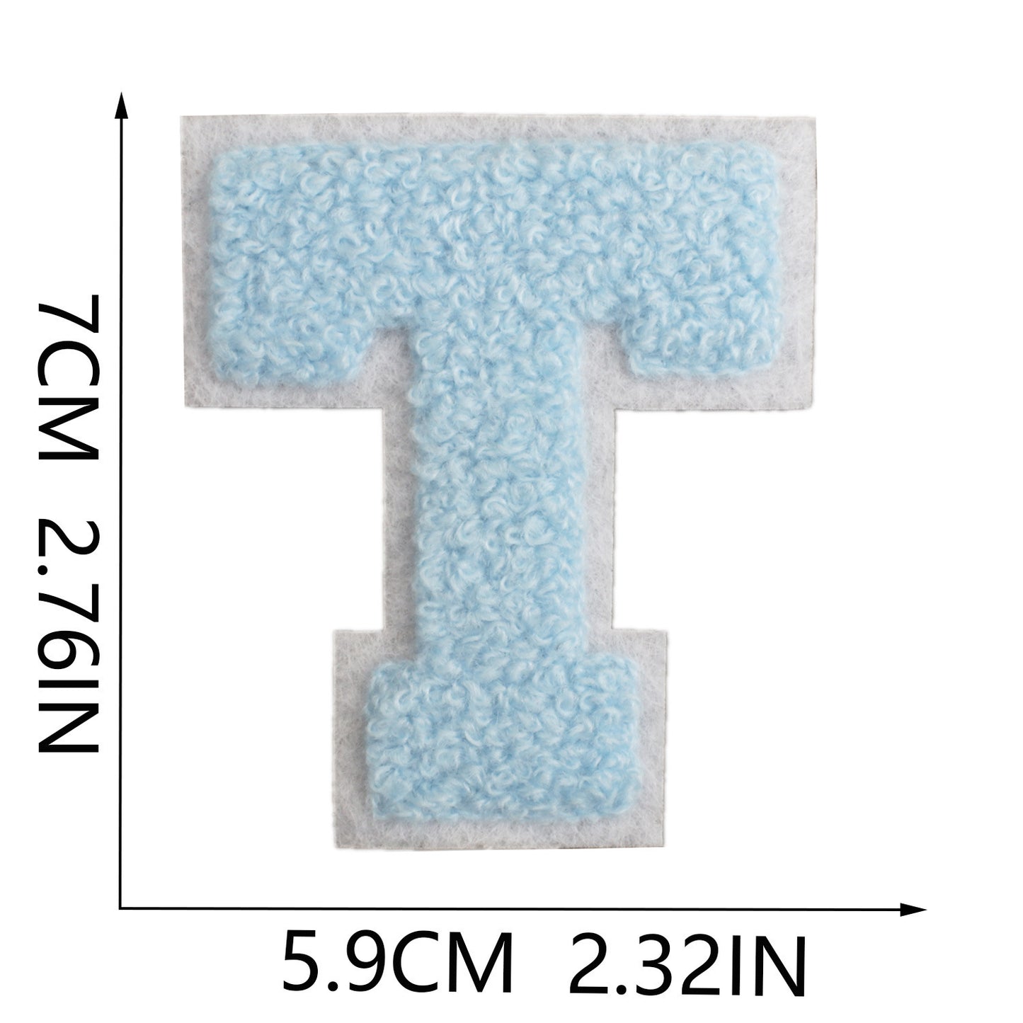 Iron-On Chenille Letter Patch – 7cm Tall, White Base with Light Blue Letter