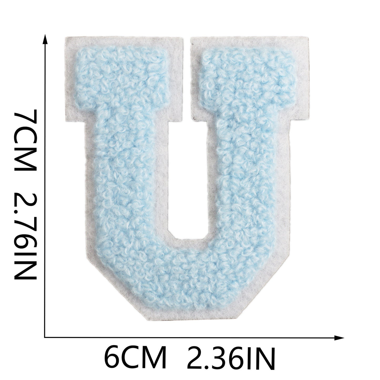 Iron-On Chenille Letter Patch – 7cm Tall, White Base with Light Blue Letter