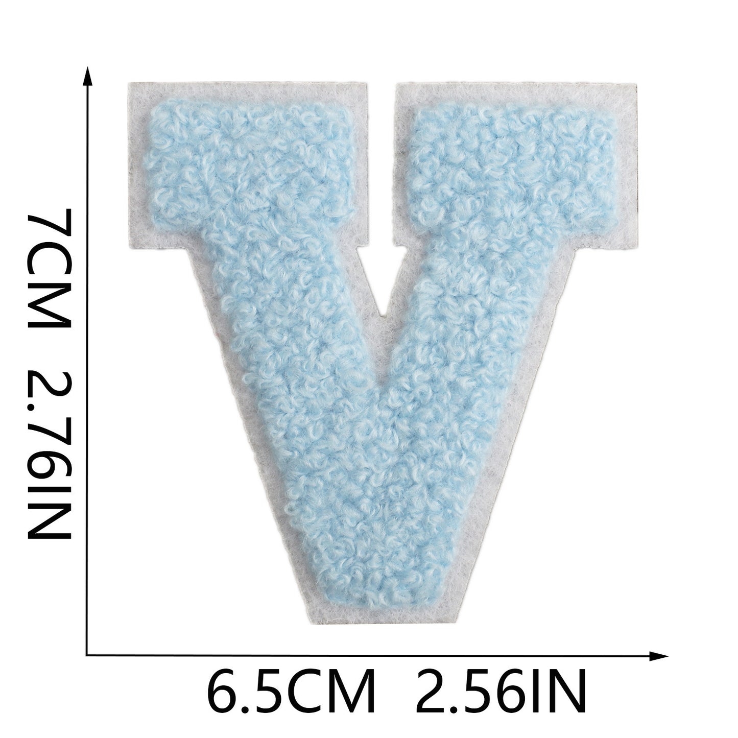 Iron-On Chenille Letter Patch – 7cm Tall, White Base with Light Blue Letter