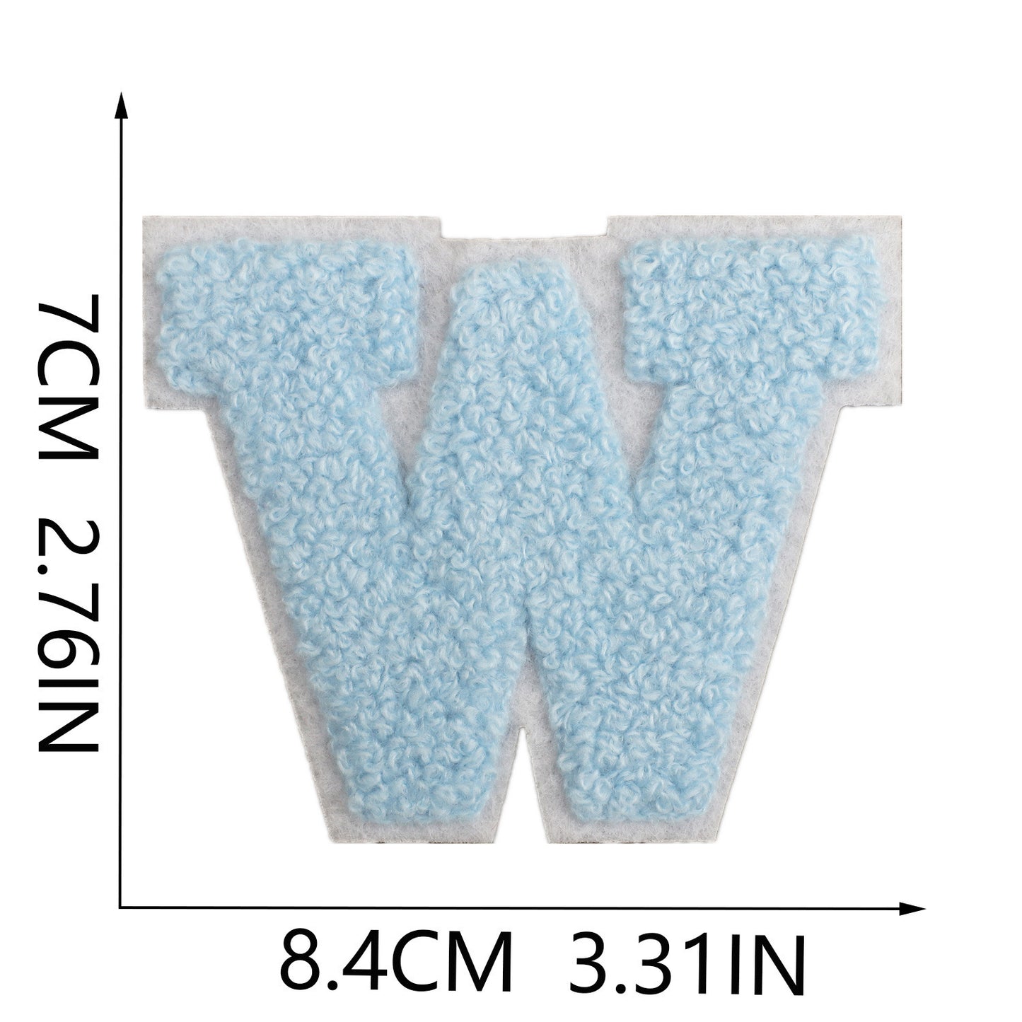 Iron-On Chenille Letter Patch – 7cm Tall, White Base with Light Blue Letter