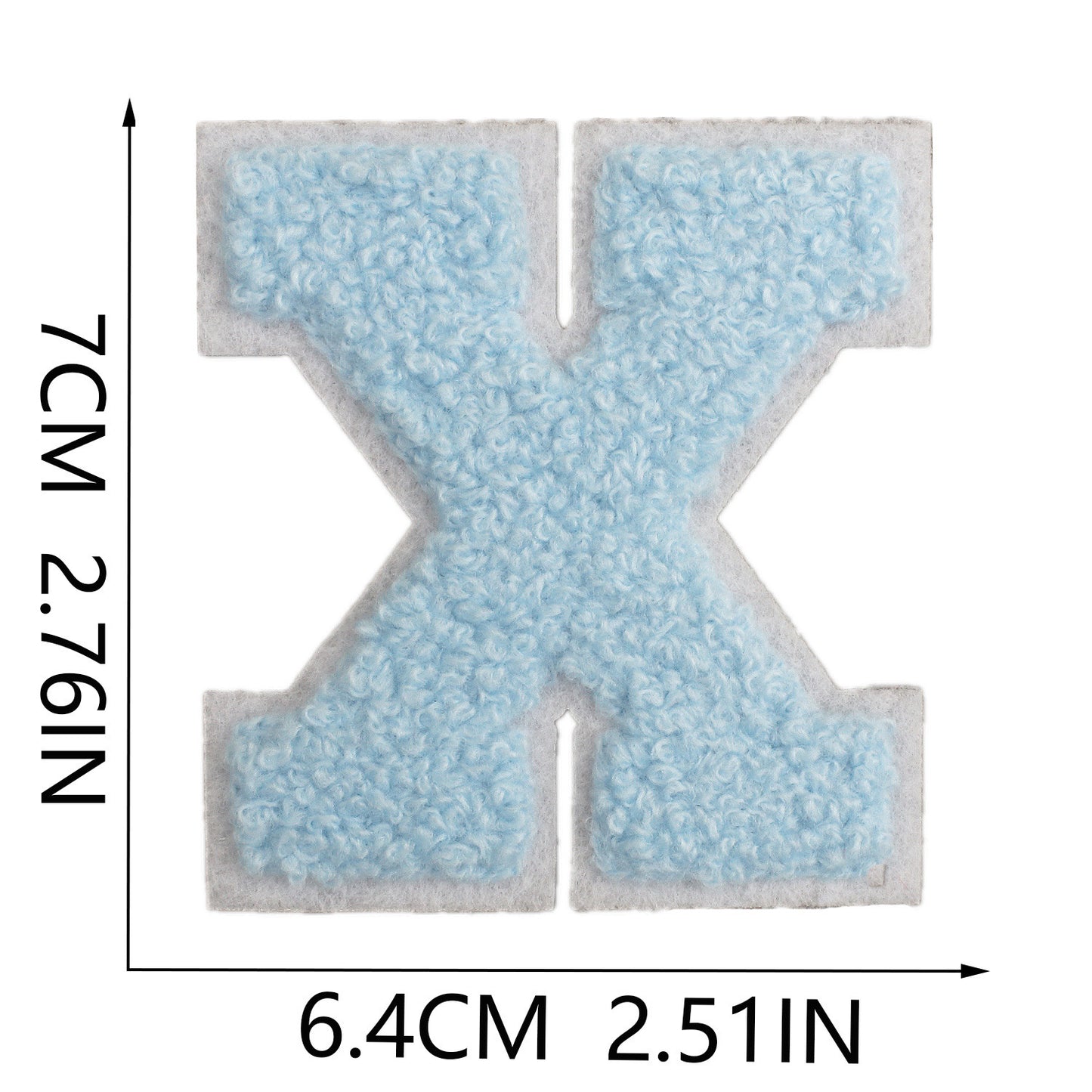 Iron-On Chenille Letter Patch – 7cm Tall, White Base with Light Blue Letter