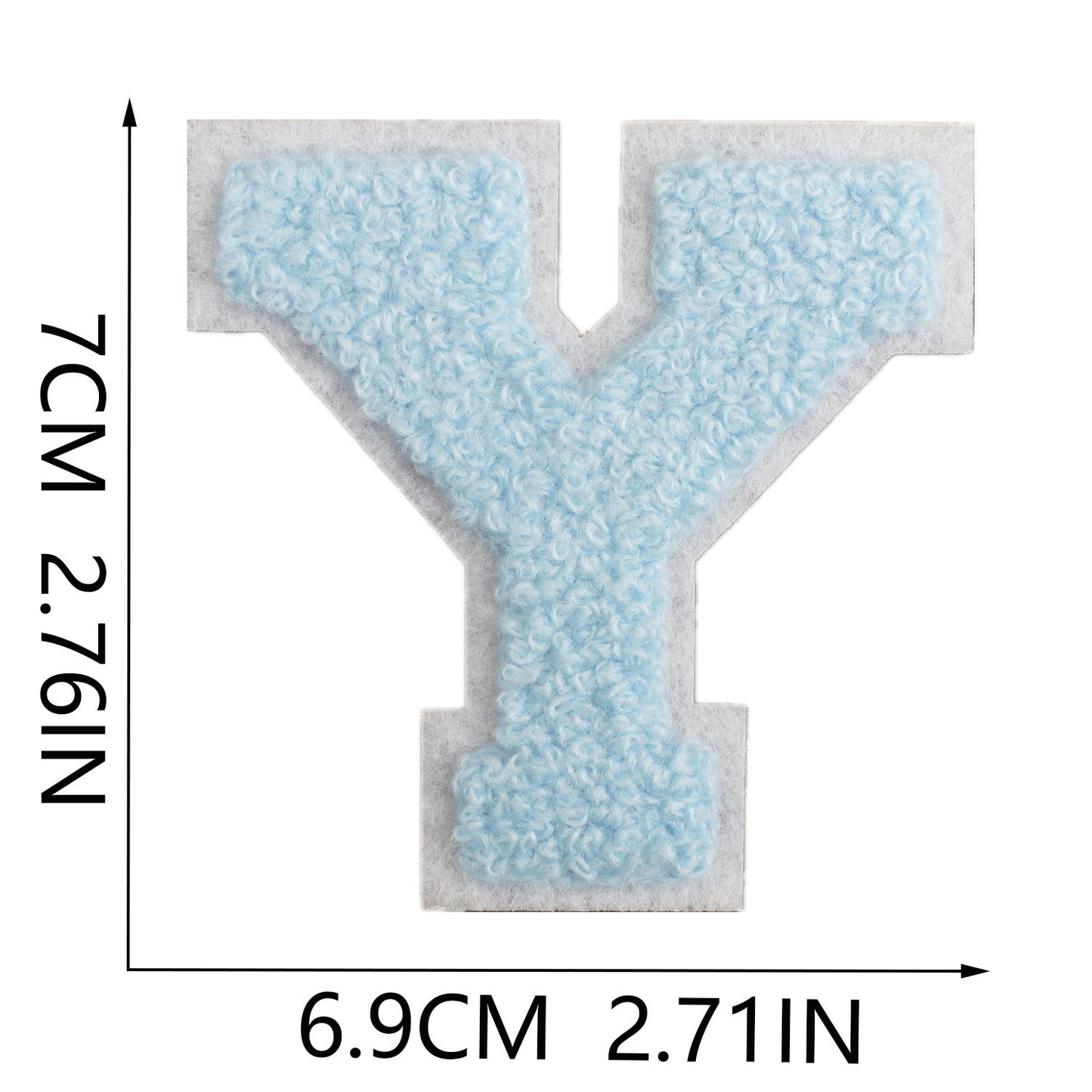 Iron-On Chenille Letter Patch – 7cm Tall, White Base with Light Blue Letter