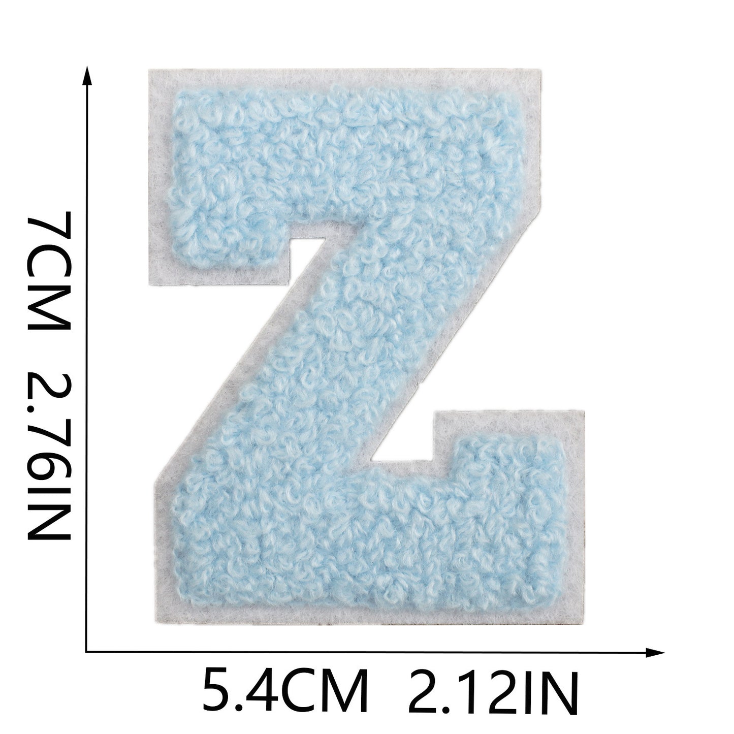 Iron-On Chenille Letter Patch – 7cm Tall, White Base with Light Blue Letter