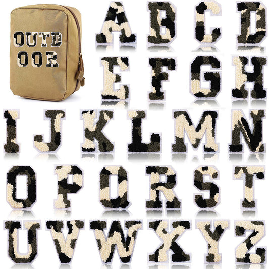 Iron-On Chenille Letter Patch – 7cm Tall, White Base with Camo Mix Letter