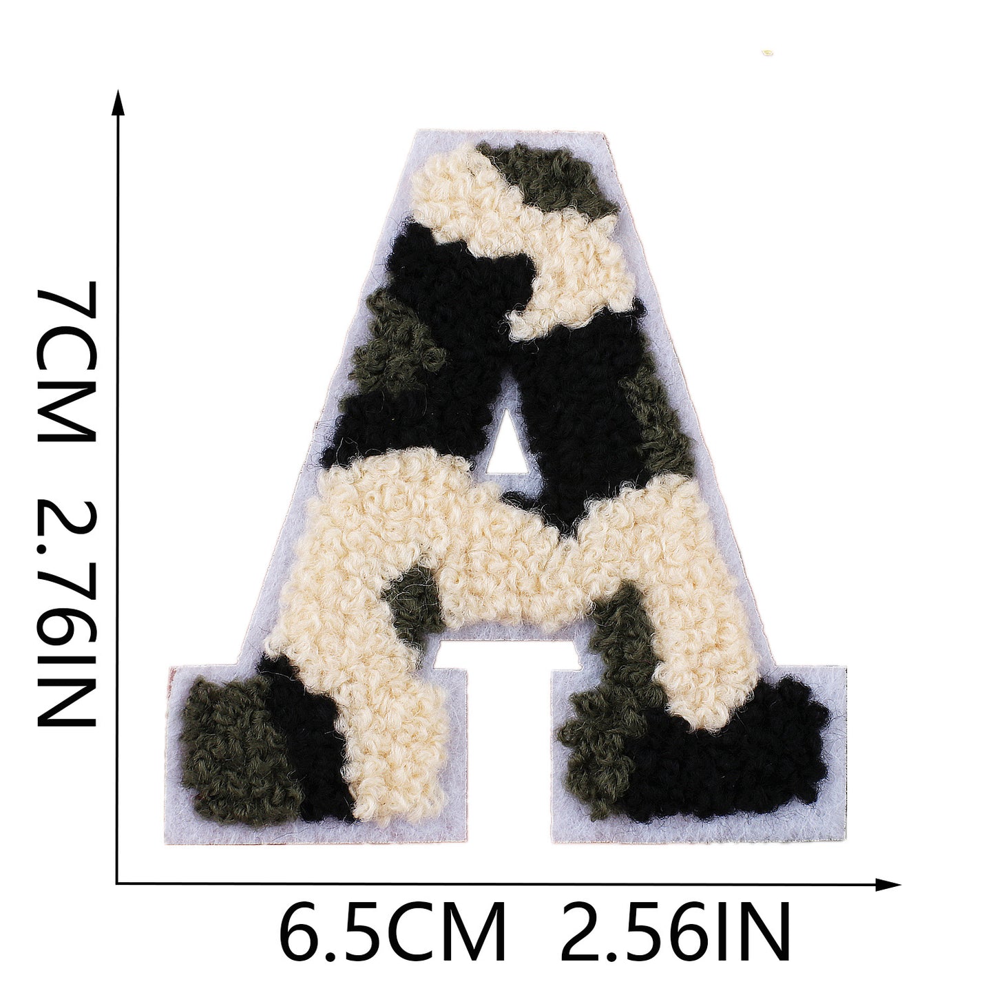 Iron-On Chenille Letter Patch – 7cm Tall, White Base with Camo Mix Letter