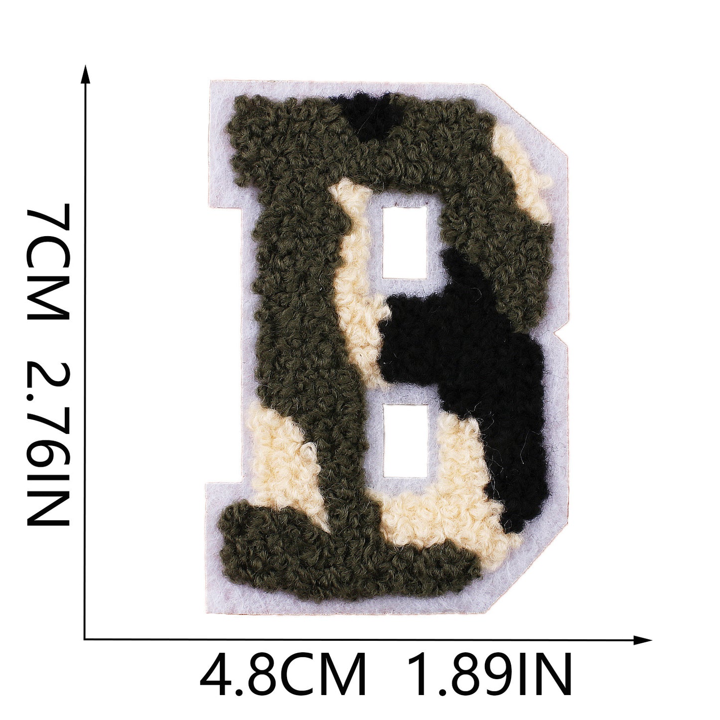 Iron-On Chenille Letter Patch – 7cm Tall, White Base with Camo Mix Letter