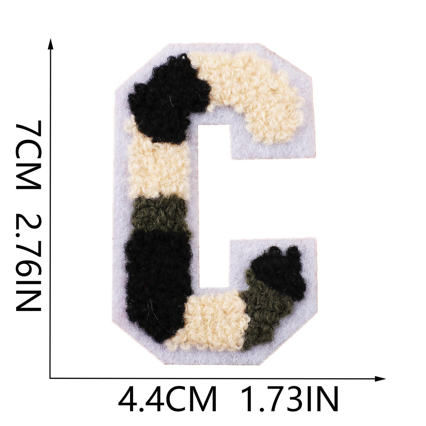 Iron-On Chenille Letter Patch – 7cm Tall, White Base with Camo Mix Letter