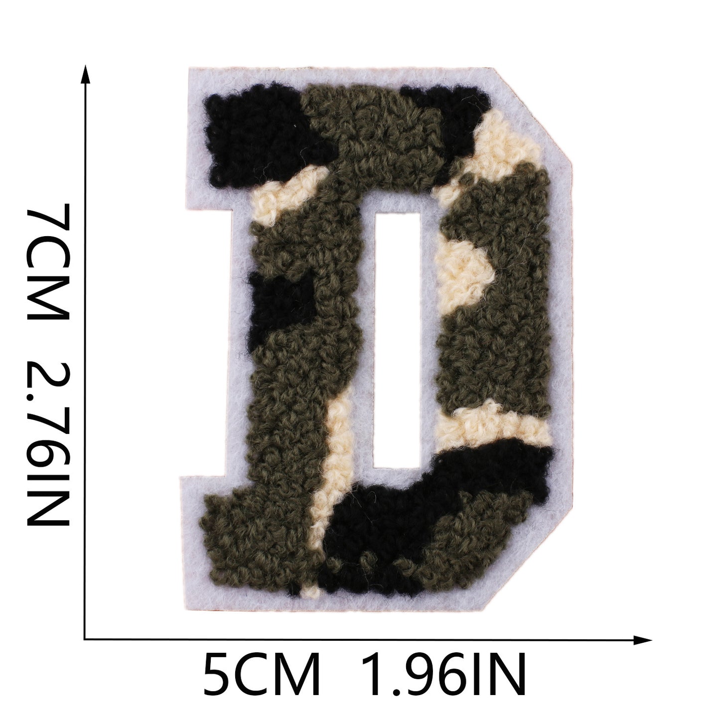 Iron-On Chenille Letter Patch – 7cm Tall, White Base with Camo Mix Letter
