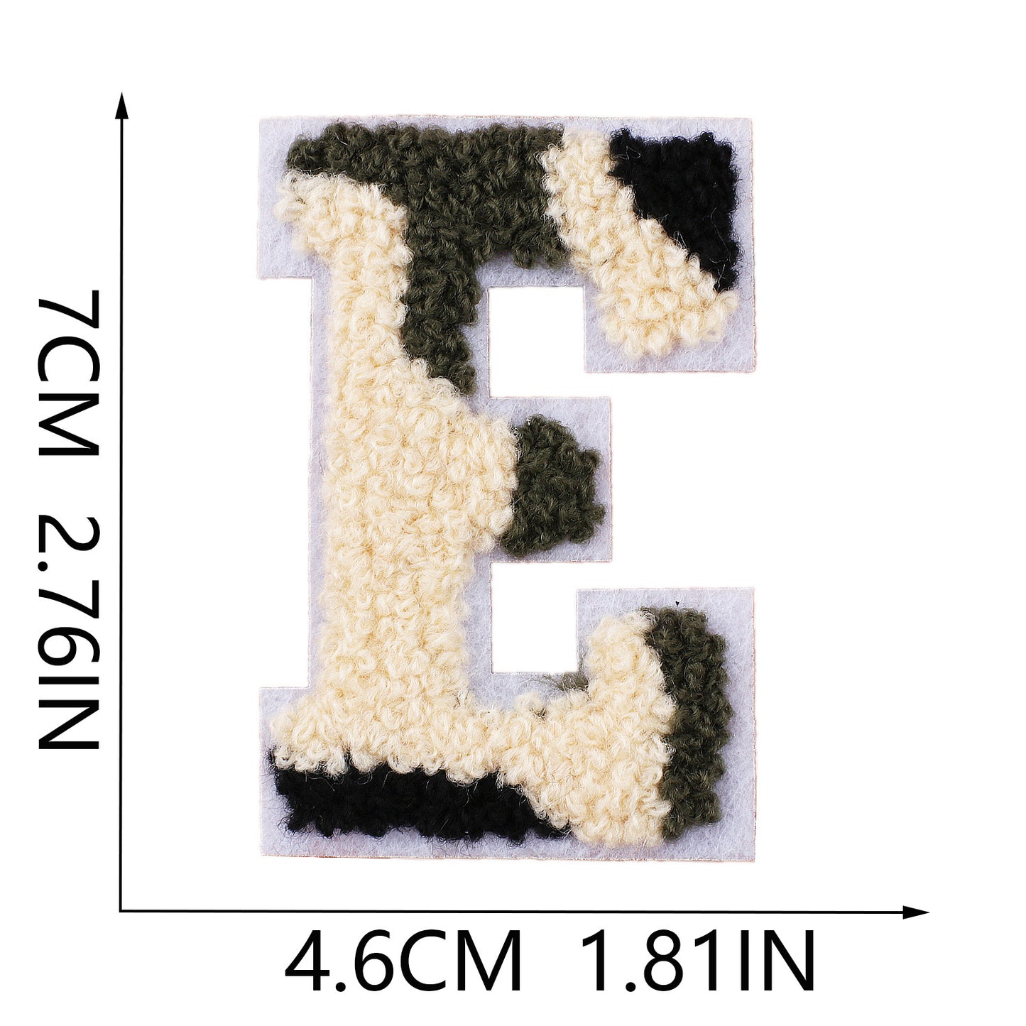 Iron-On Chenille Letter Patch – 7cm Tall, White Base with Camo Mix Letter