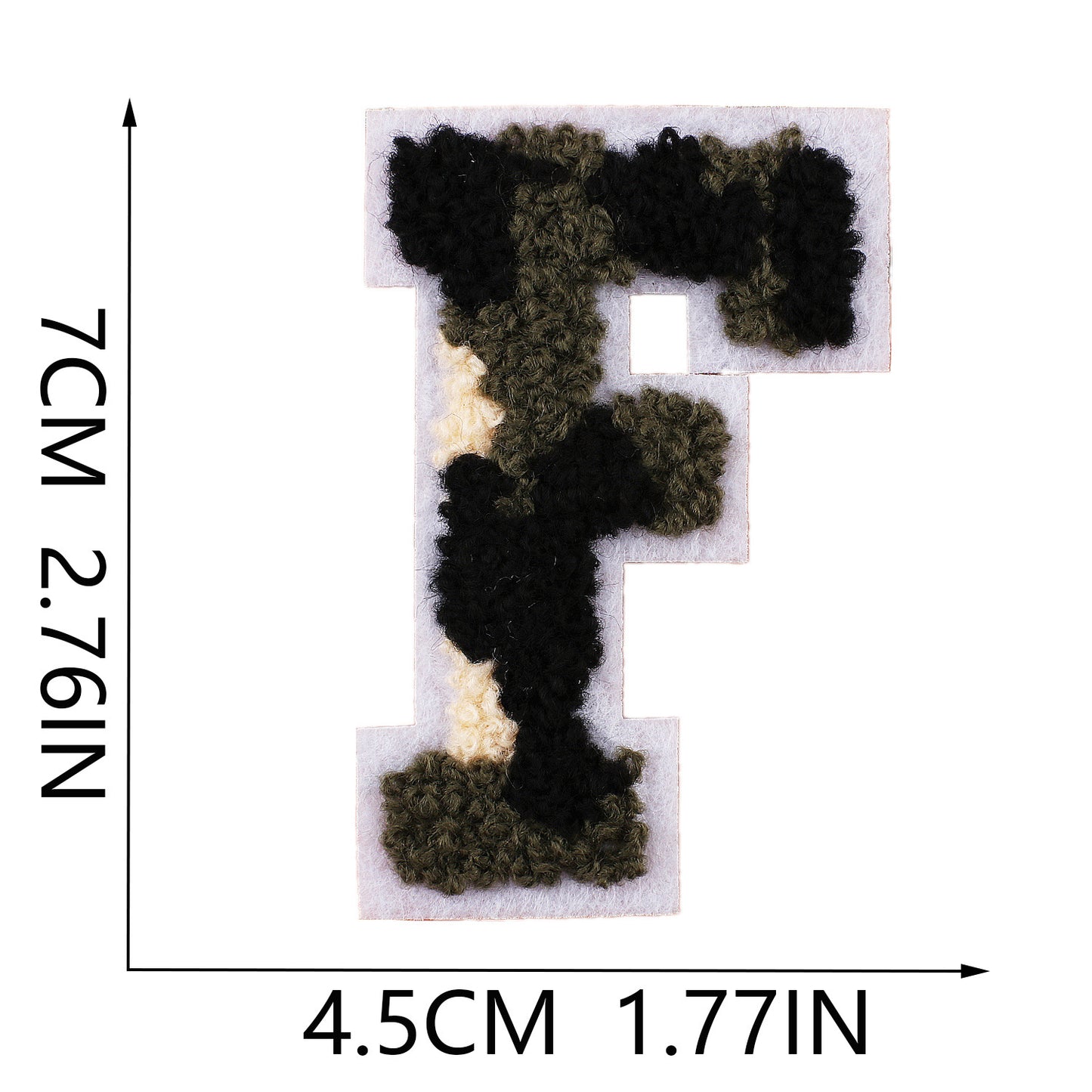 Iron-On Chenille Letter Patch – 7cm Tall, White Base with Camo Mix Letter