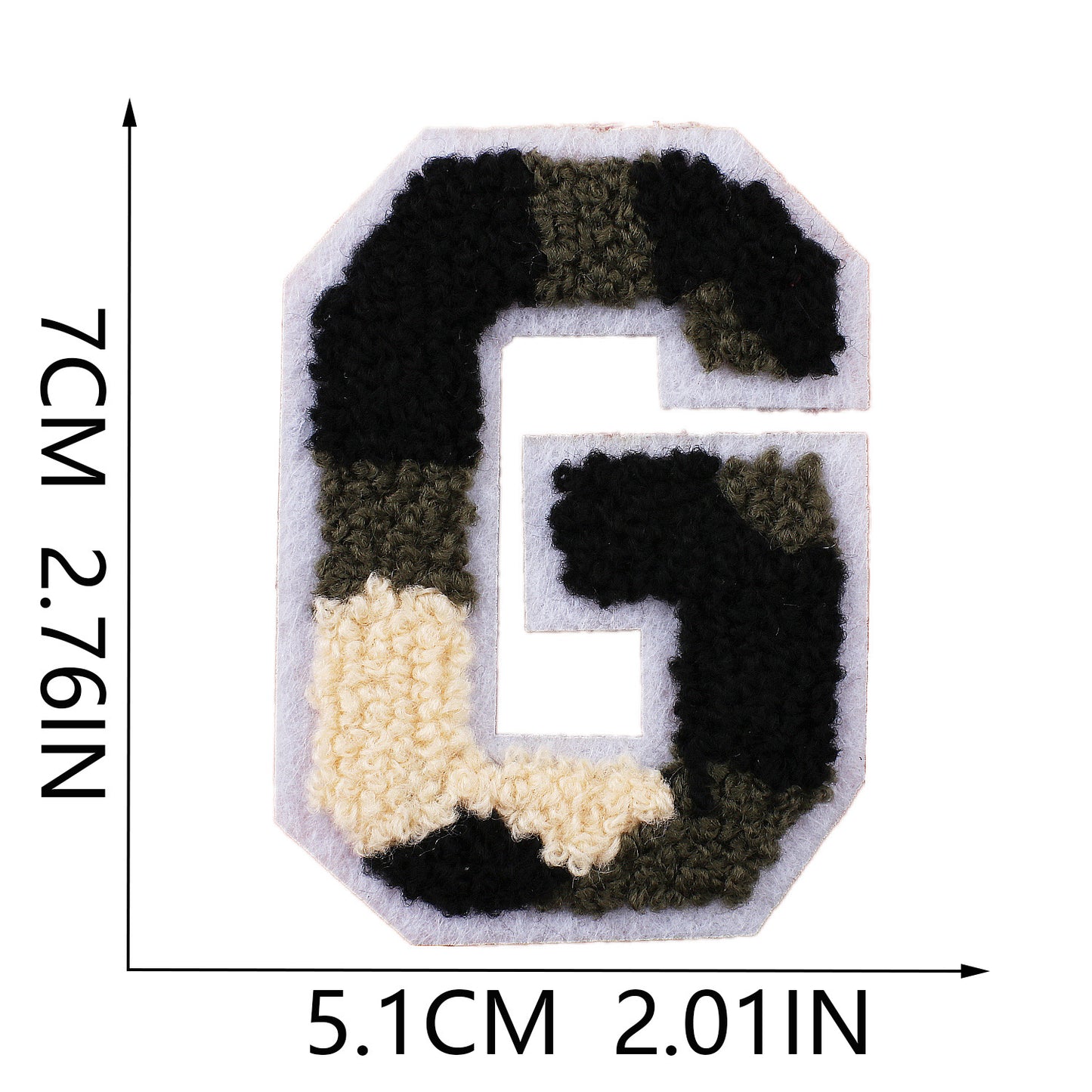 Iron-On Chenille Letter Patch – 7cm Tall, White Base with Camo Mix Letter