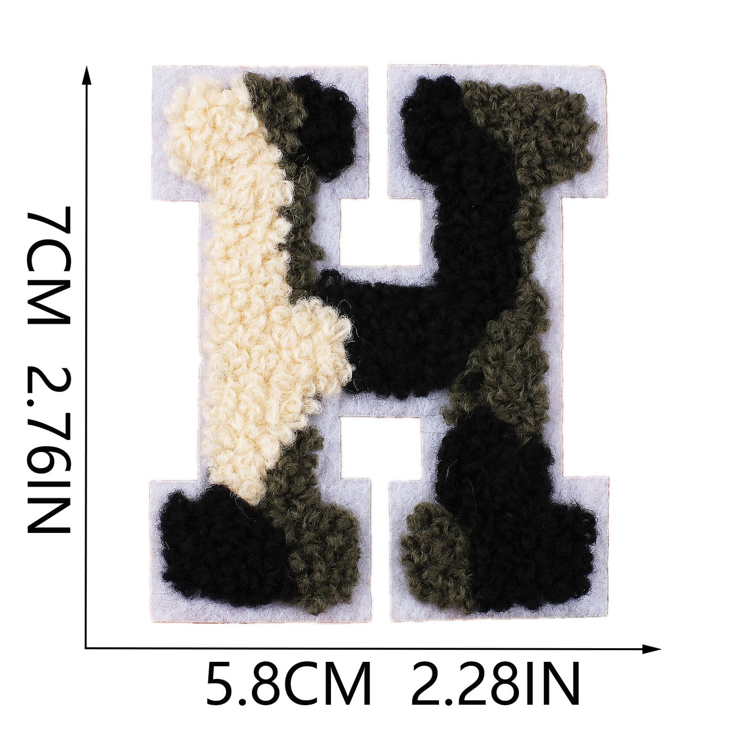 Iron-On Chenille Letter Patch – 7cm Tall, White Base with Camo Mix Letter