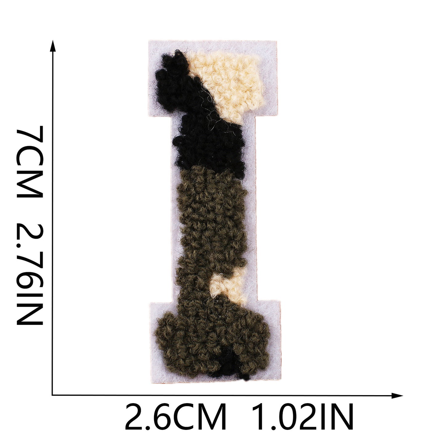 Iron-On Chenille Letter Patch – 7cm Tall, White Base with Camo Mix Letter