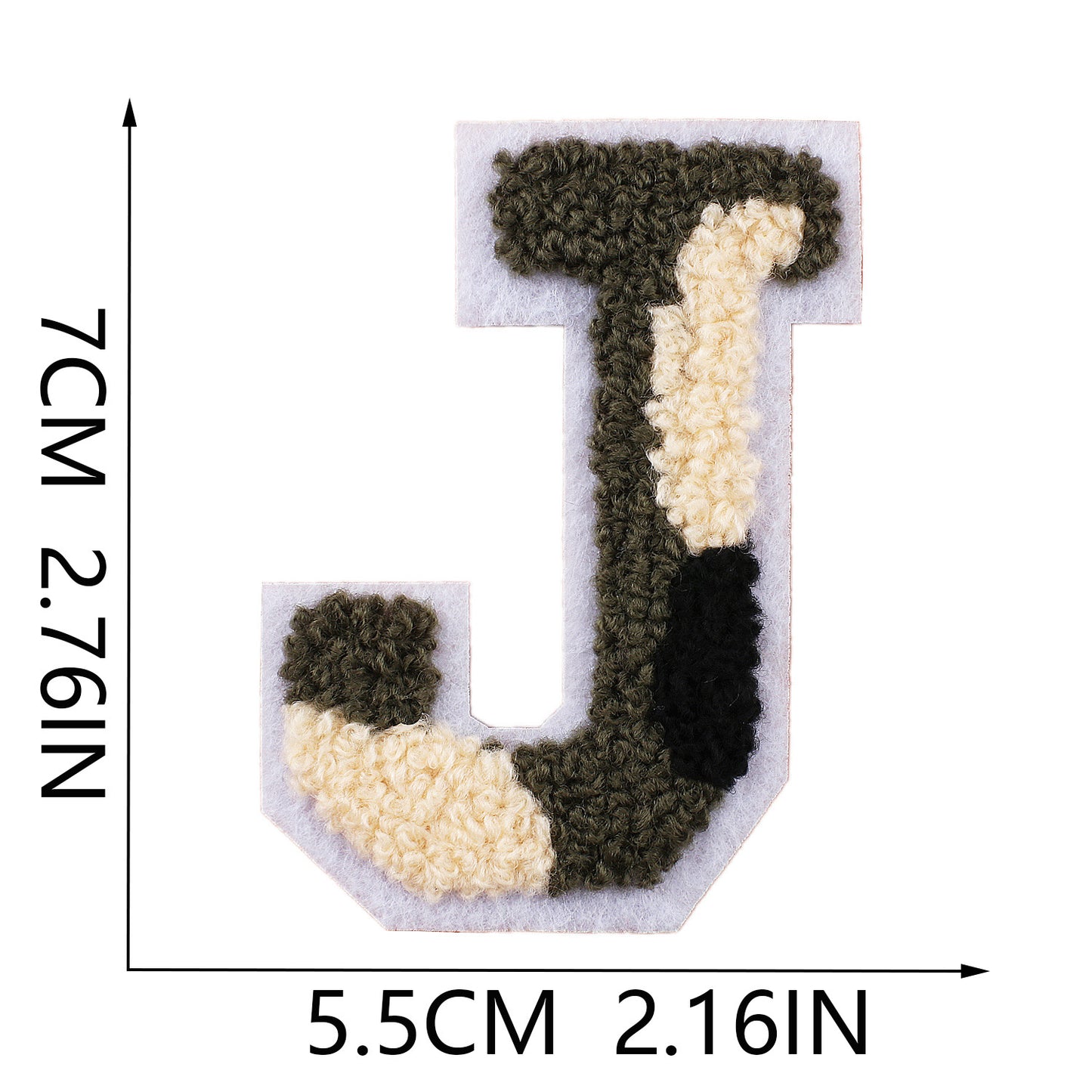 Iron-On Chenille Letter Patch – 7cm Tall, White Base with Camo Mix Letter