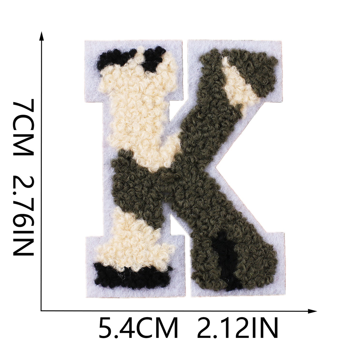 Iron-On Chenille Letter Patch – 7cm Tall, White Base with Camo Mix Letter