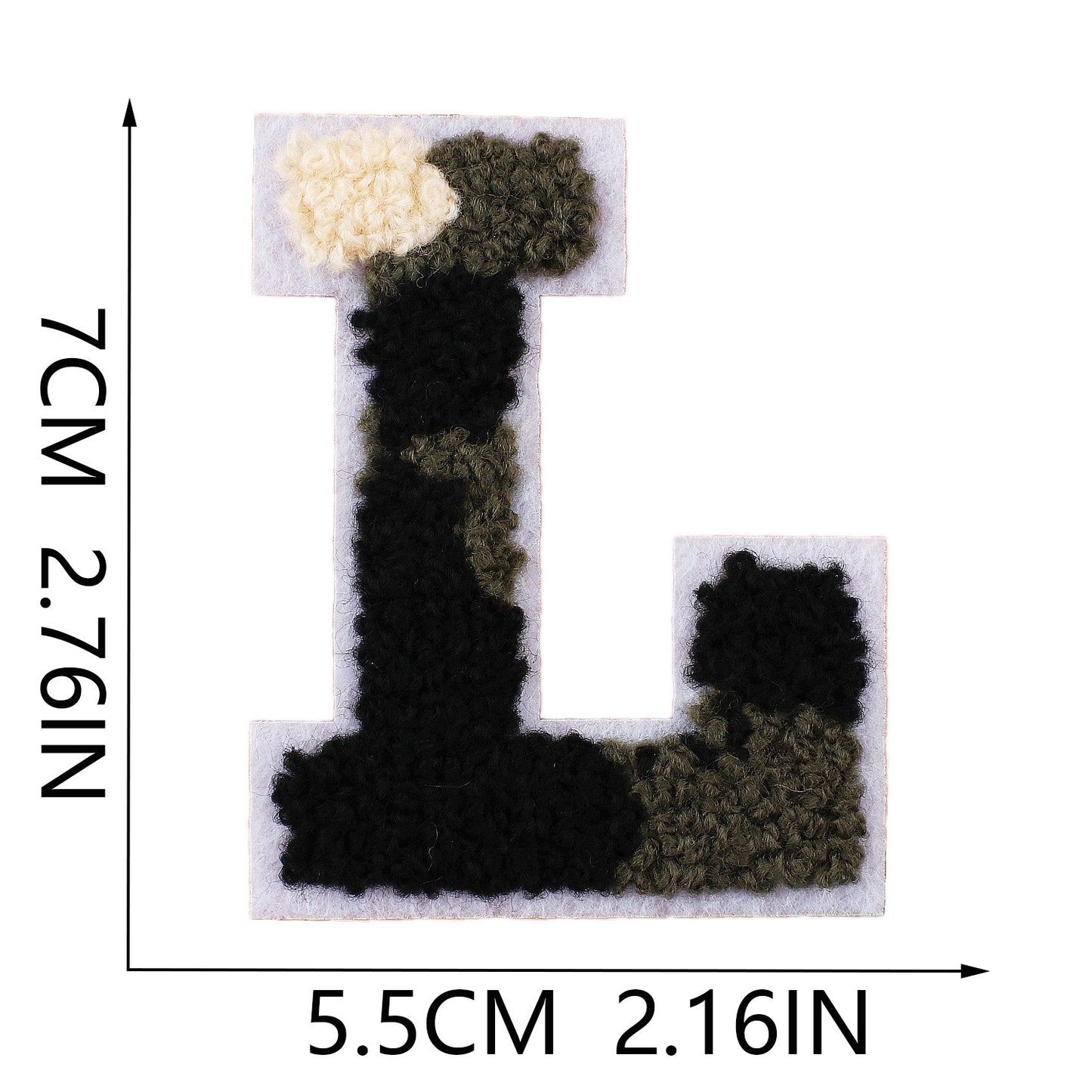Iron-On Chenille Letter Patch – 7cm Tall, White Base with Camo Mix Letter