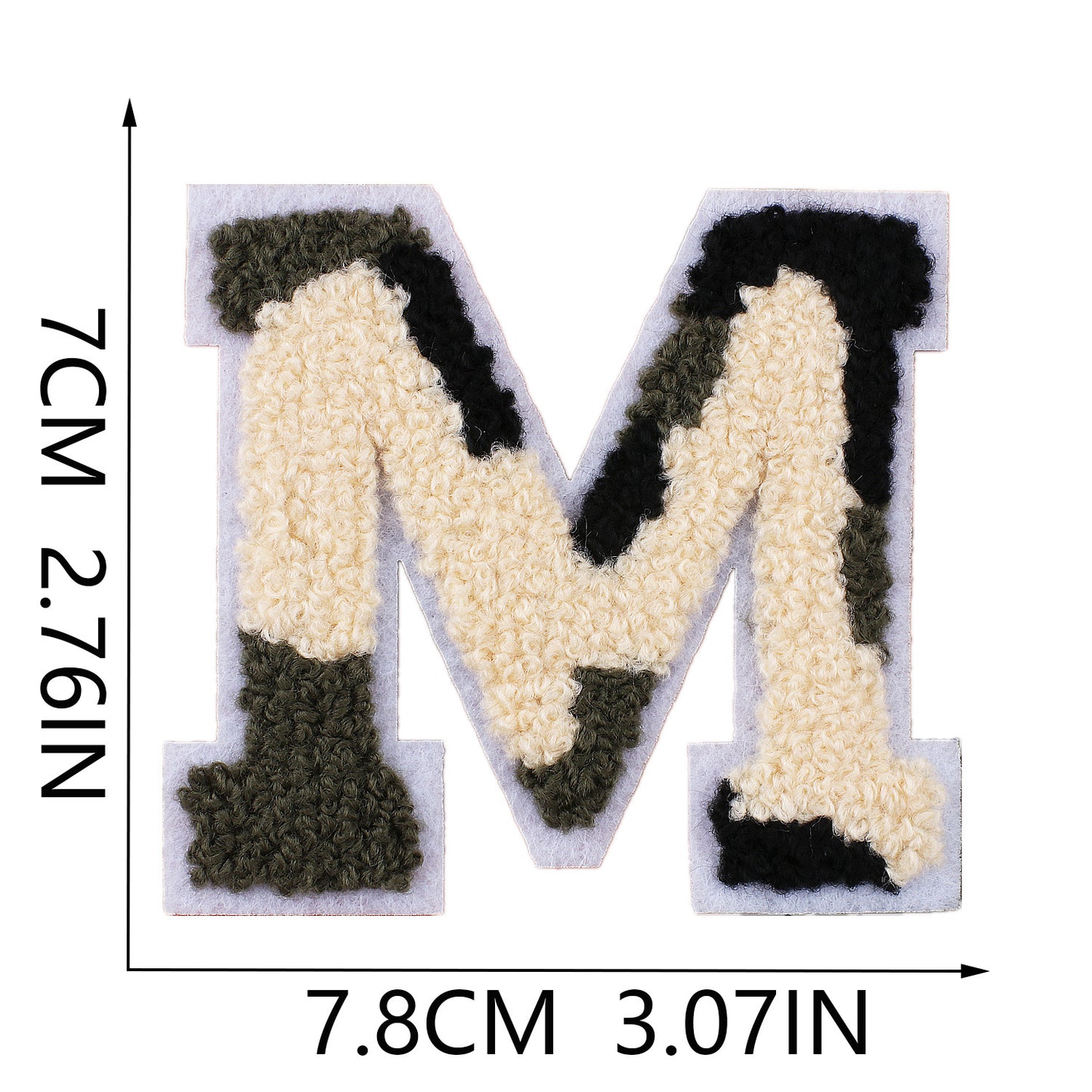Iron-On Chenille Letter Patch – 7cm Tall, White Base with Camo Mix Letter