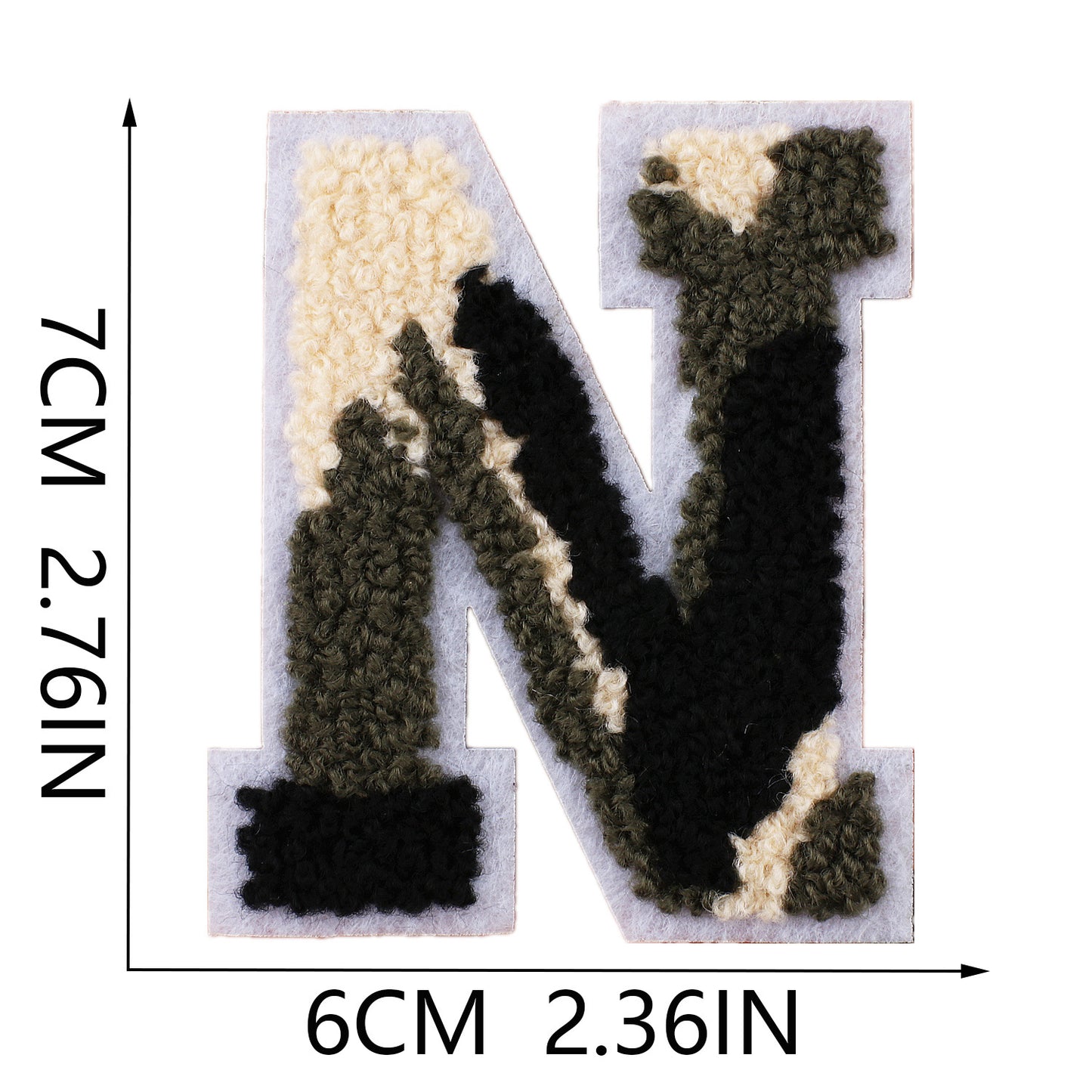 Iron-On Chenille Letter Patch – 7cm Tall, White Base with Camo Mix Letter