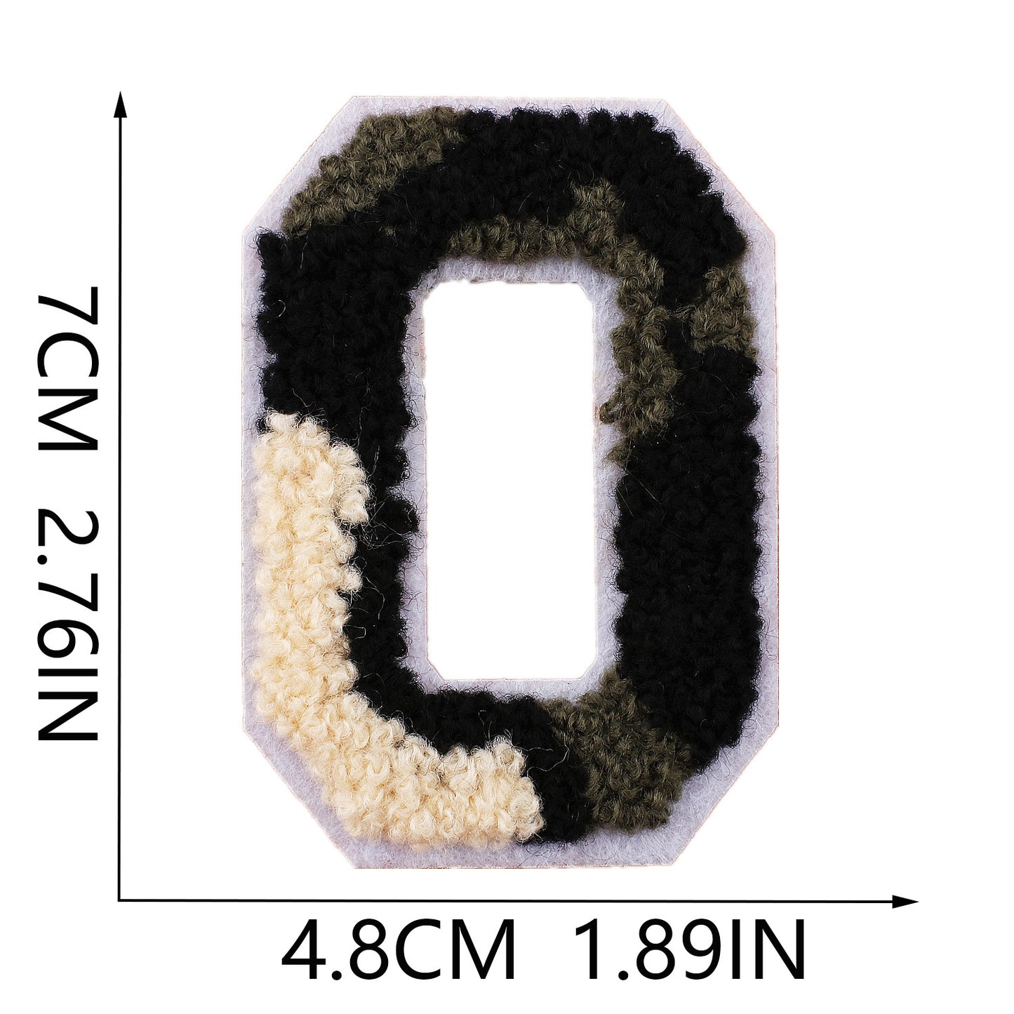 Iron-On Chenille Letter Patch – 7cm Tall, White Base with Camo Mix Letter