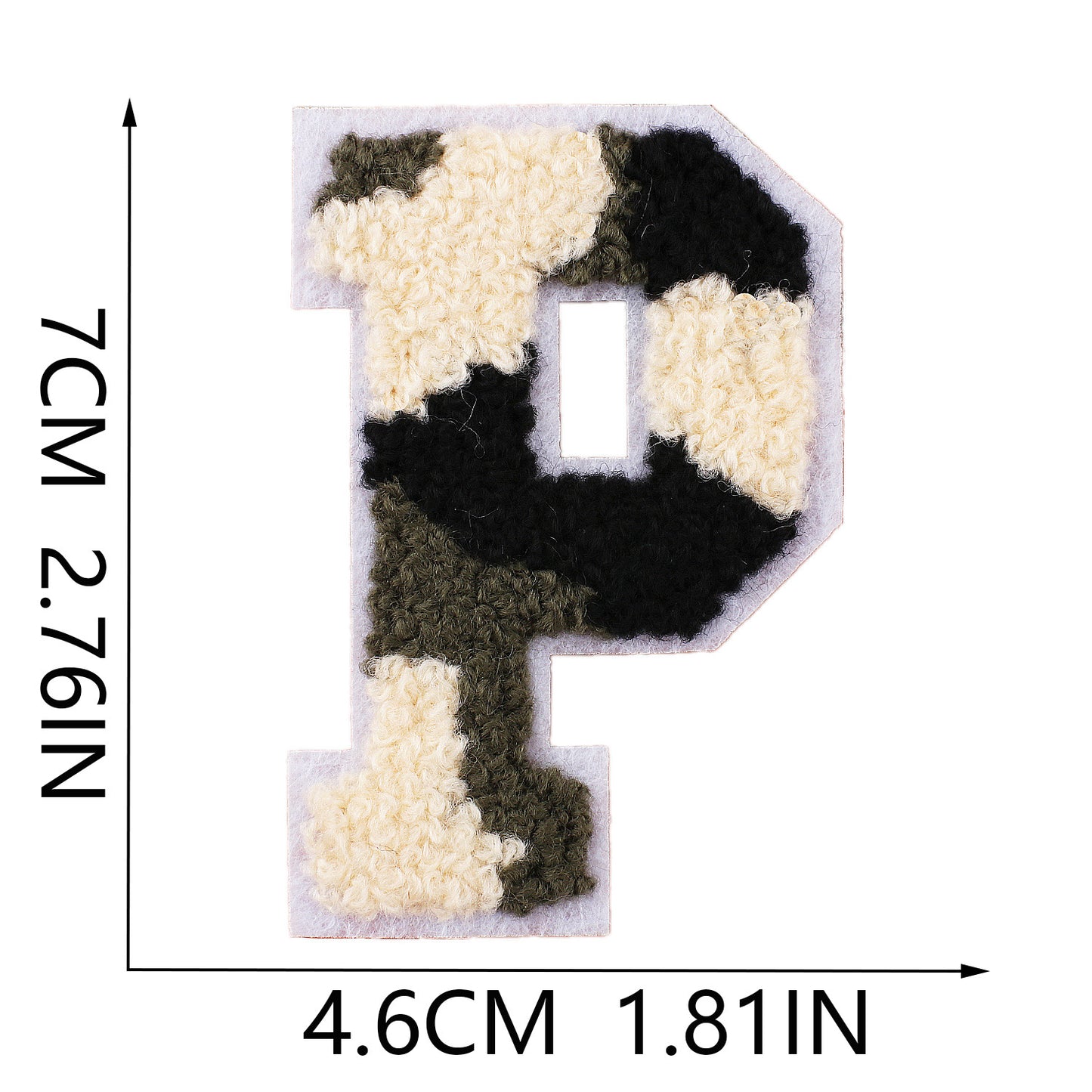 Iron-On Chenille Letter Patch – 7cm Tall, White Base with Camo Mix Letter