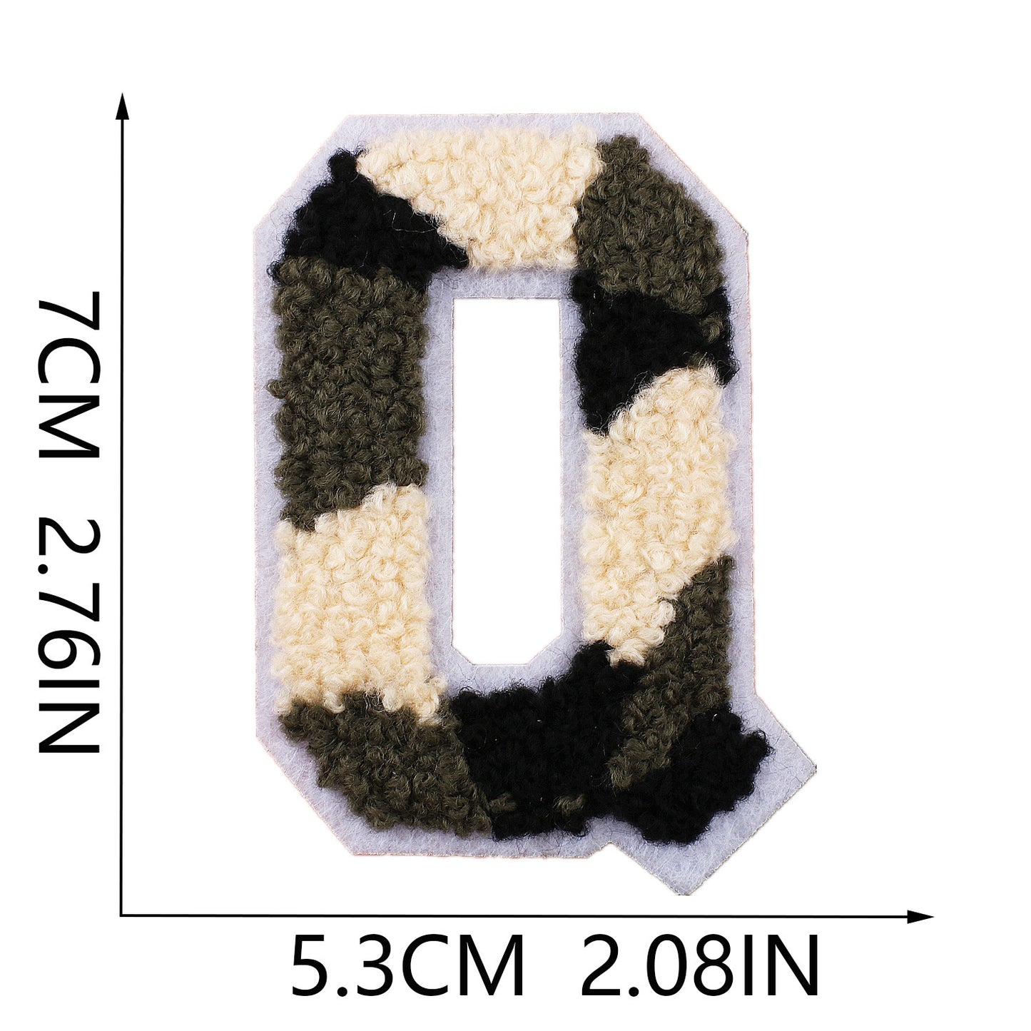 Iron-On Chenille Letter Patch – 7cm Tall, White Base with Camo Mix Letter