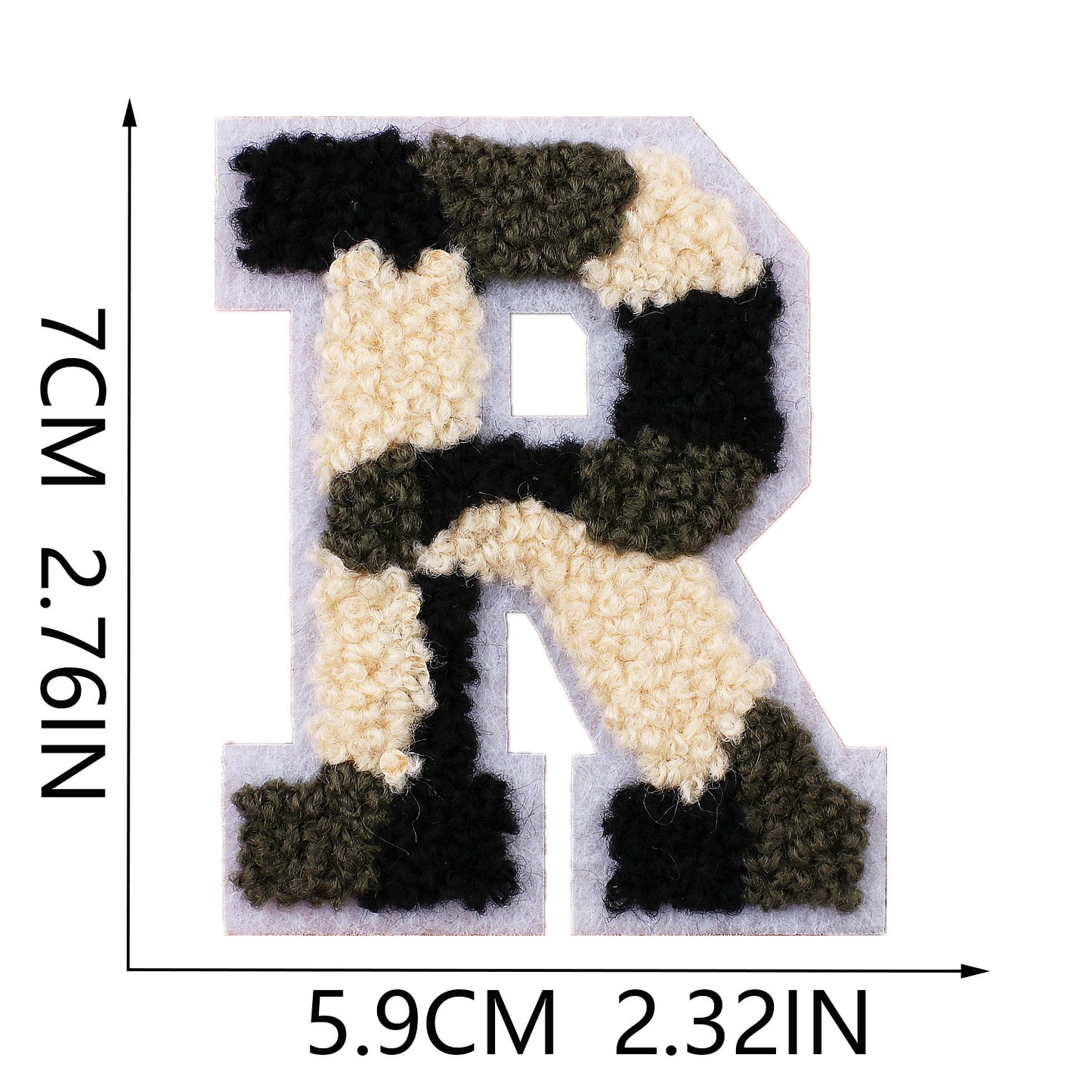 Iron-On Chenille Letter Patch – 7cm Tall, White Base with Camo Mix Letter