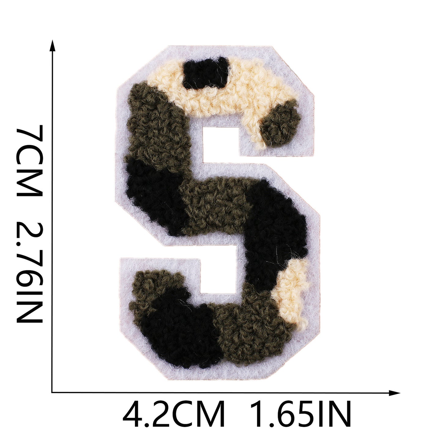 Iron-On Chenille Letter Patch – 7cm Tall, White Base with Camo Mix Letter