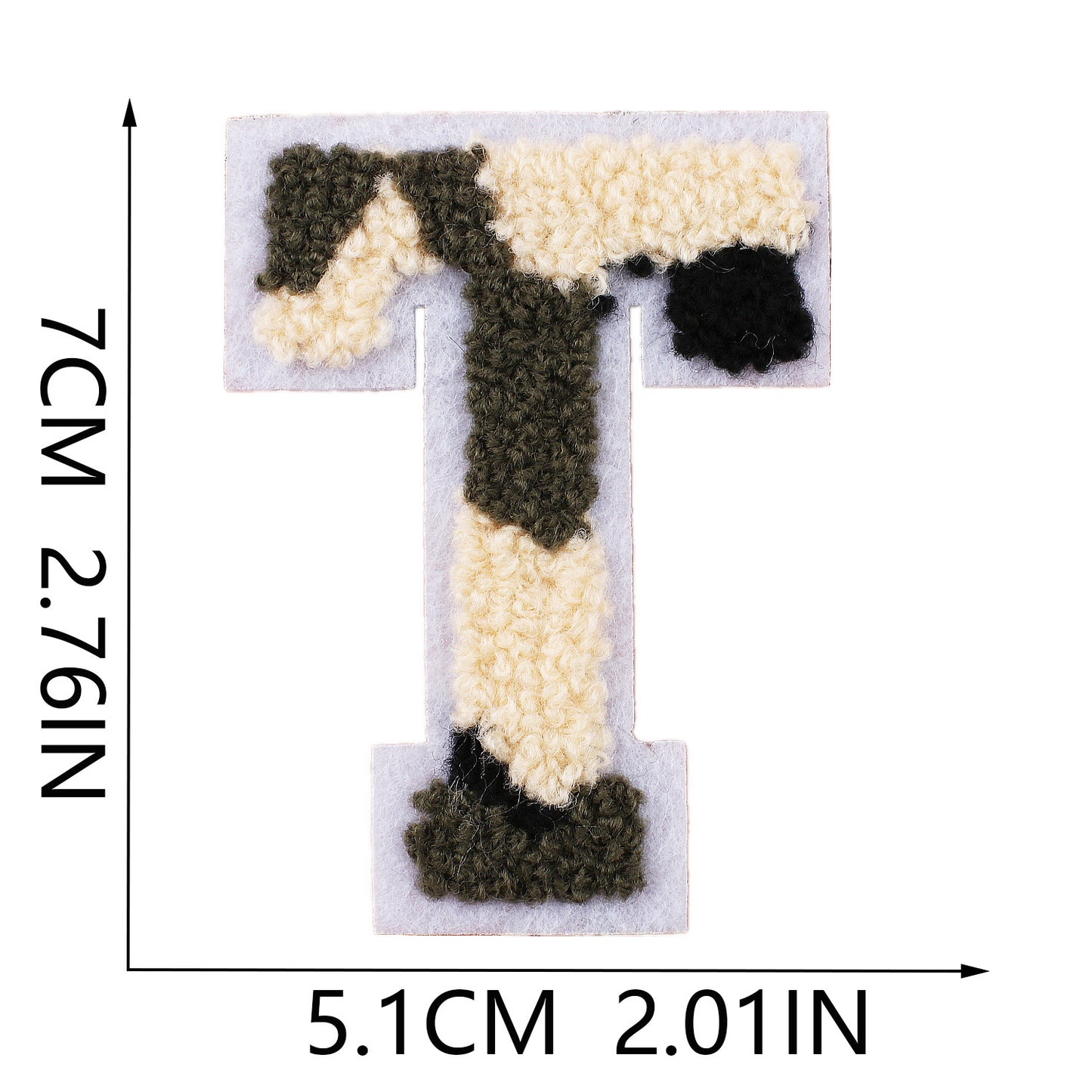 Iron-On Chenille Letter Patch – 7cm Tall, White Base with Camo Mix Letter